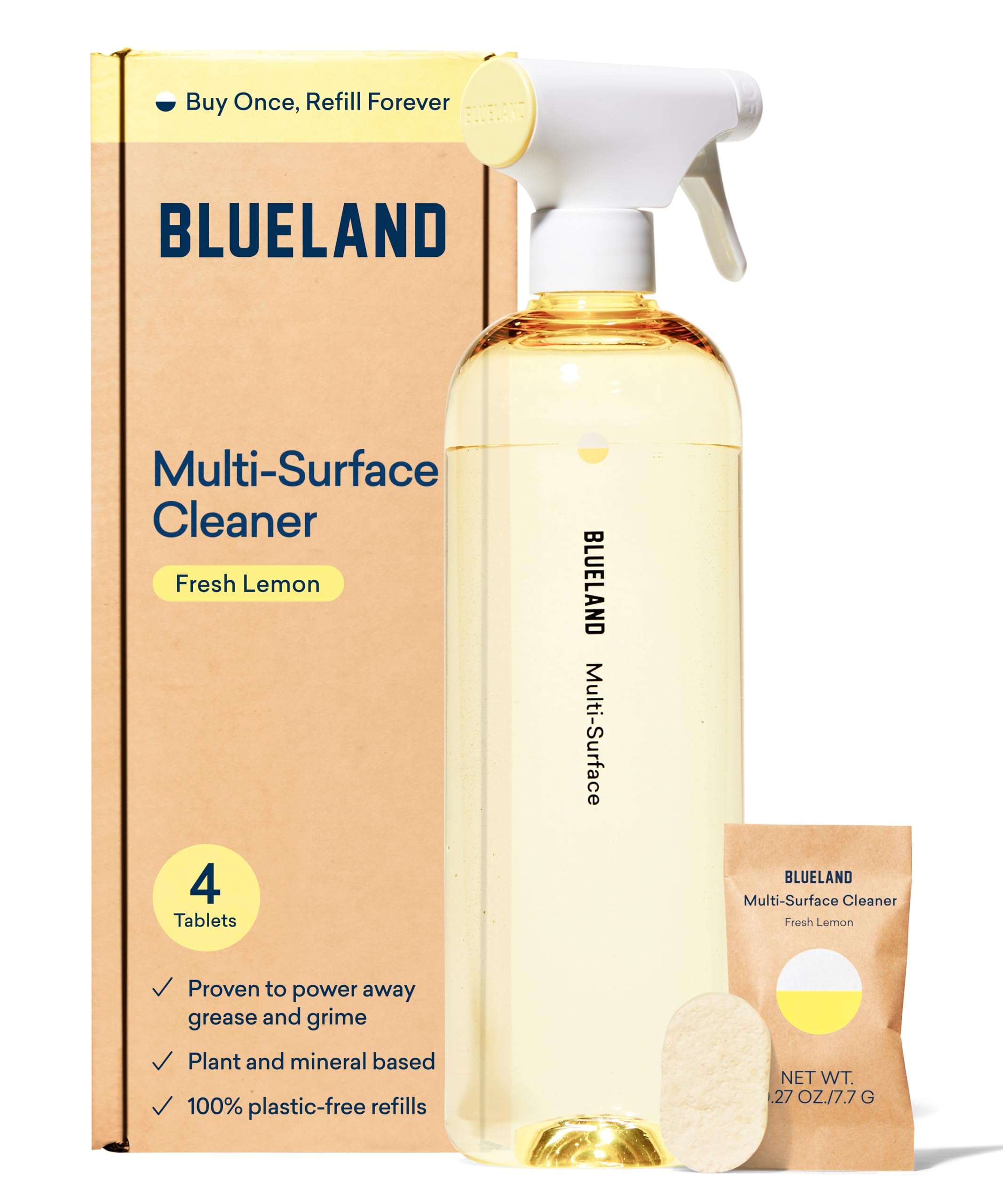 BLUELAND Multi-surface Cleaner, Starter Set, Fresh Lemon Scent, Spray Bottle with 4 Refill Tablets, All-Purpose, Eco-Friendly Cleaning Supplies, 4 x 24 Fl oz - Image 1