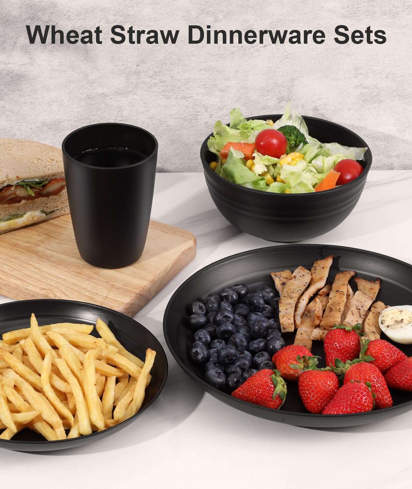 Quatish 24 Piece Plates and Bowls Sets for 6, Unbreakable Dinnerware Sets, Plastic Dish Set for Camping, Dishwasher Microwave Safe, Outdoor Kitchen and Apartment Dinning RV Essentials, Black - Image 7