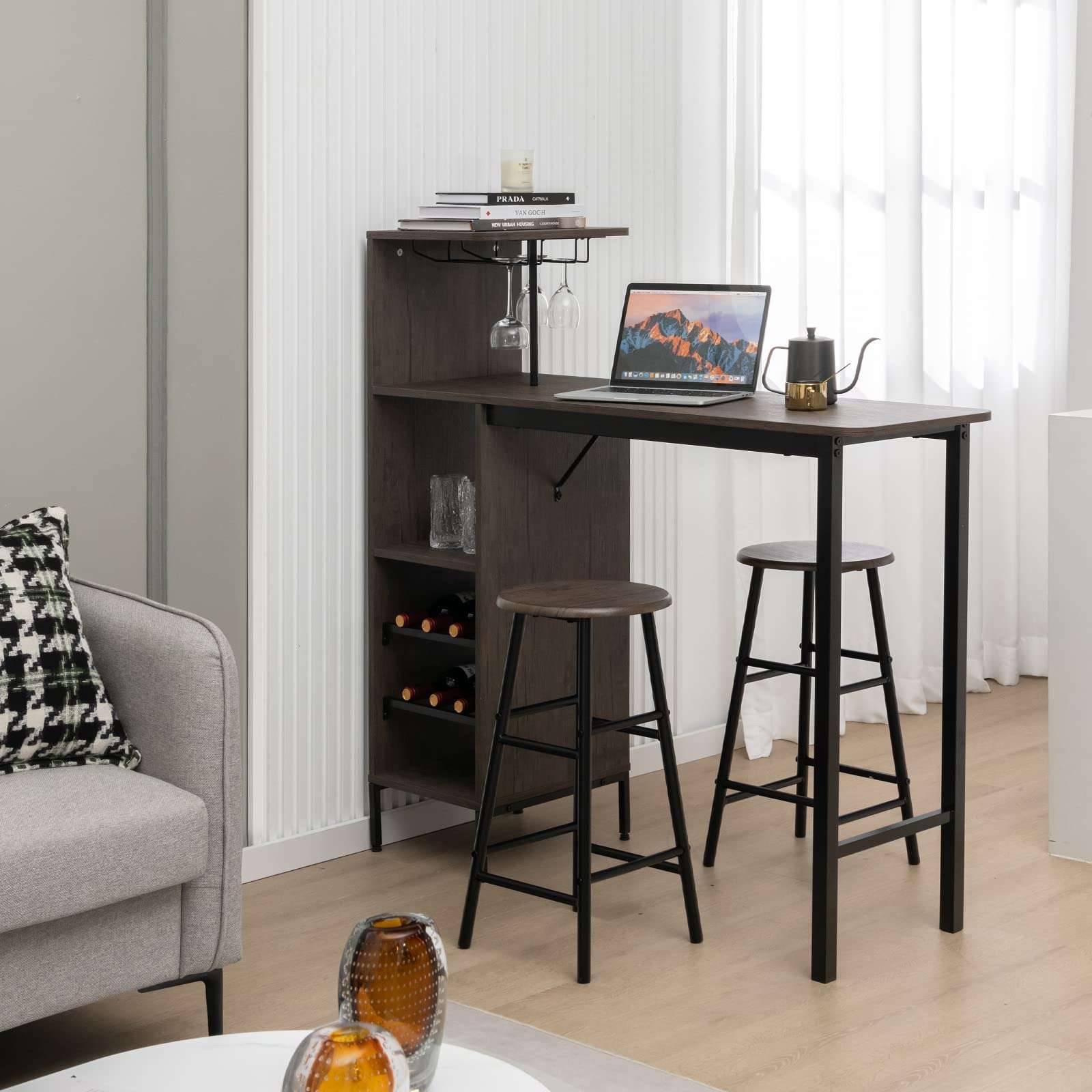 COSTWAY 3 Pieces Bar Table and Chair Set, Industrial Pub Table & Stools with Wine Glass Holders & 6-Bottle Wine Racks, Counter Height Dining Table Set for Living Room Dining Room Kitchen, Brown - Image 2