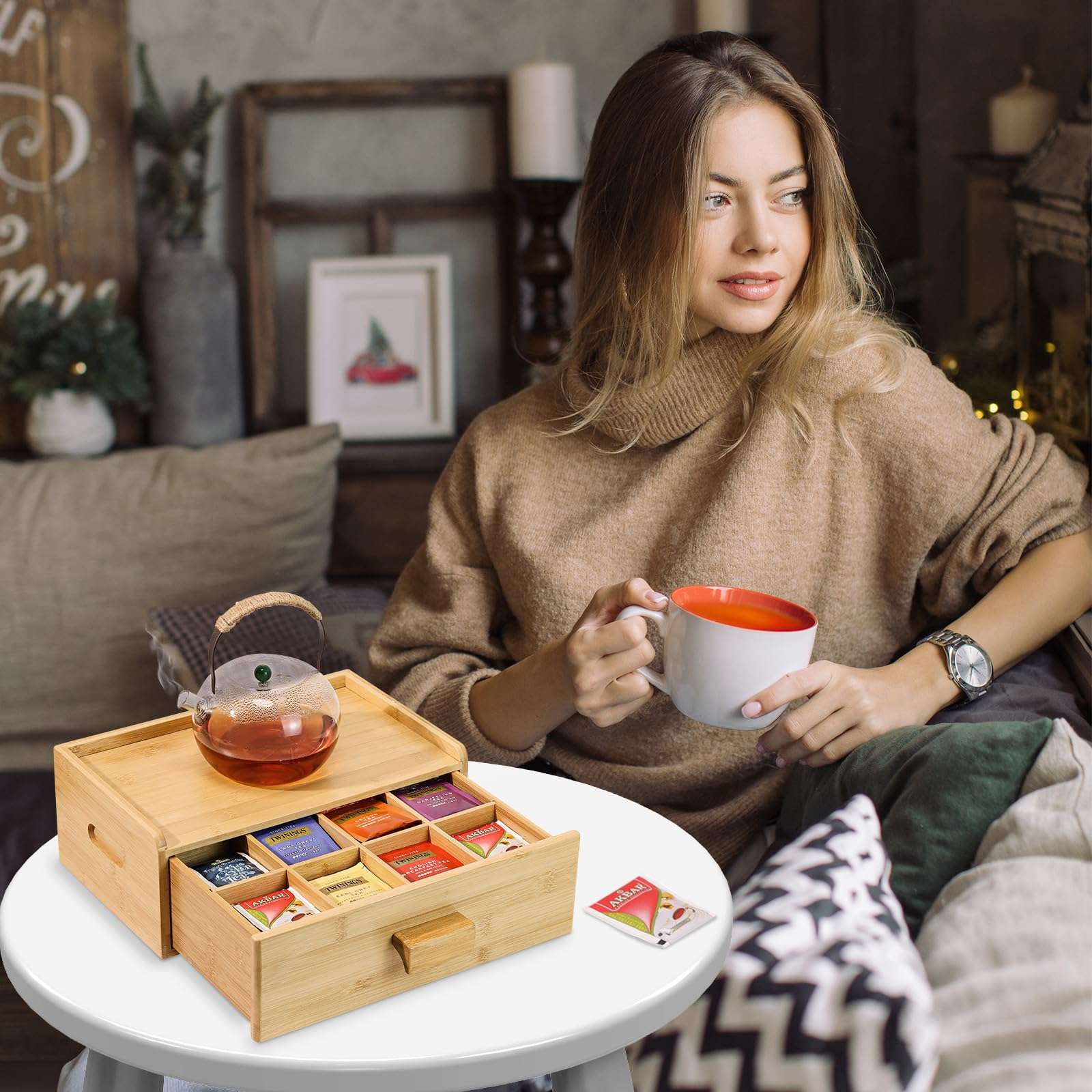 MOCAS Bamboo Tea Bag Organizer, Slide Drawer Storage Box with 8 Compartments, Eco-Friendly Countertop Holder Display for Teabags, Tea Station Chest, Organizador De Te - Image 2