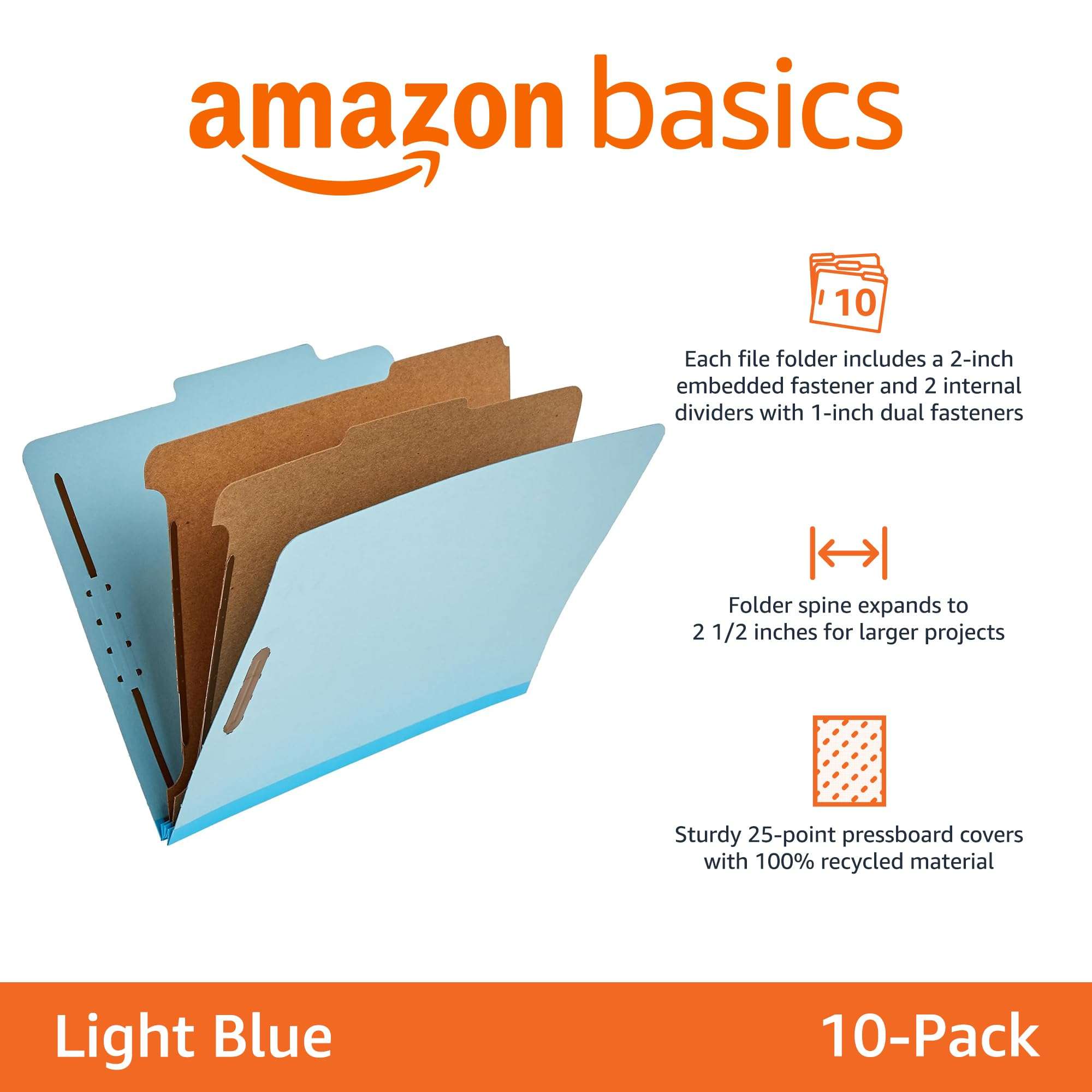 Amazon Basics Classification Folder with Prongs, 100% Recycled, 2 Dividers, 2" Embedded, 12.17 x 10.39 inch (Letter) Size, Light Blue, 10 Count per Box - Image 4