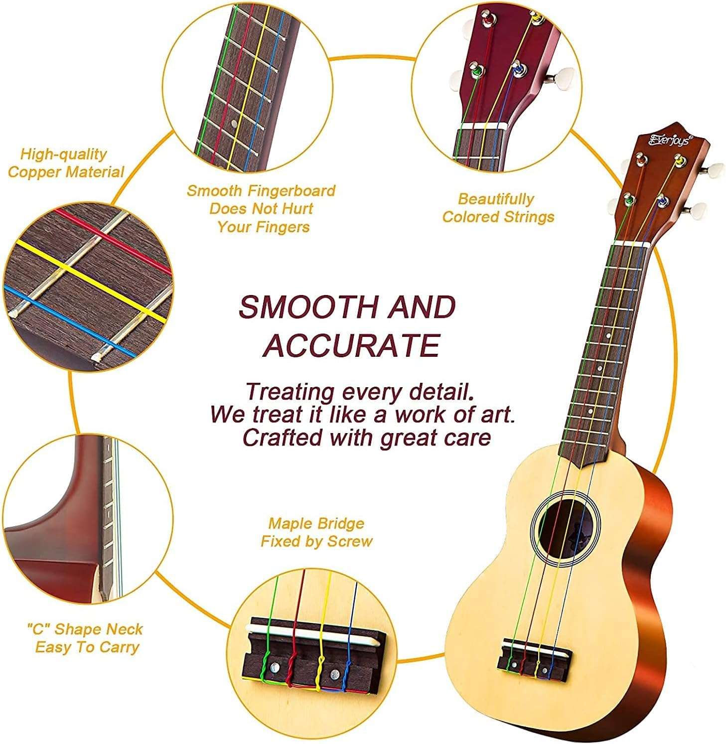 Everjoys Soprano Ukulele Beginner Pack-21 Inch w/Rainbow String Free Online Lesson Gig Bag Digital Tuner Pick All in One Kit - Image 2