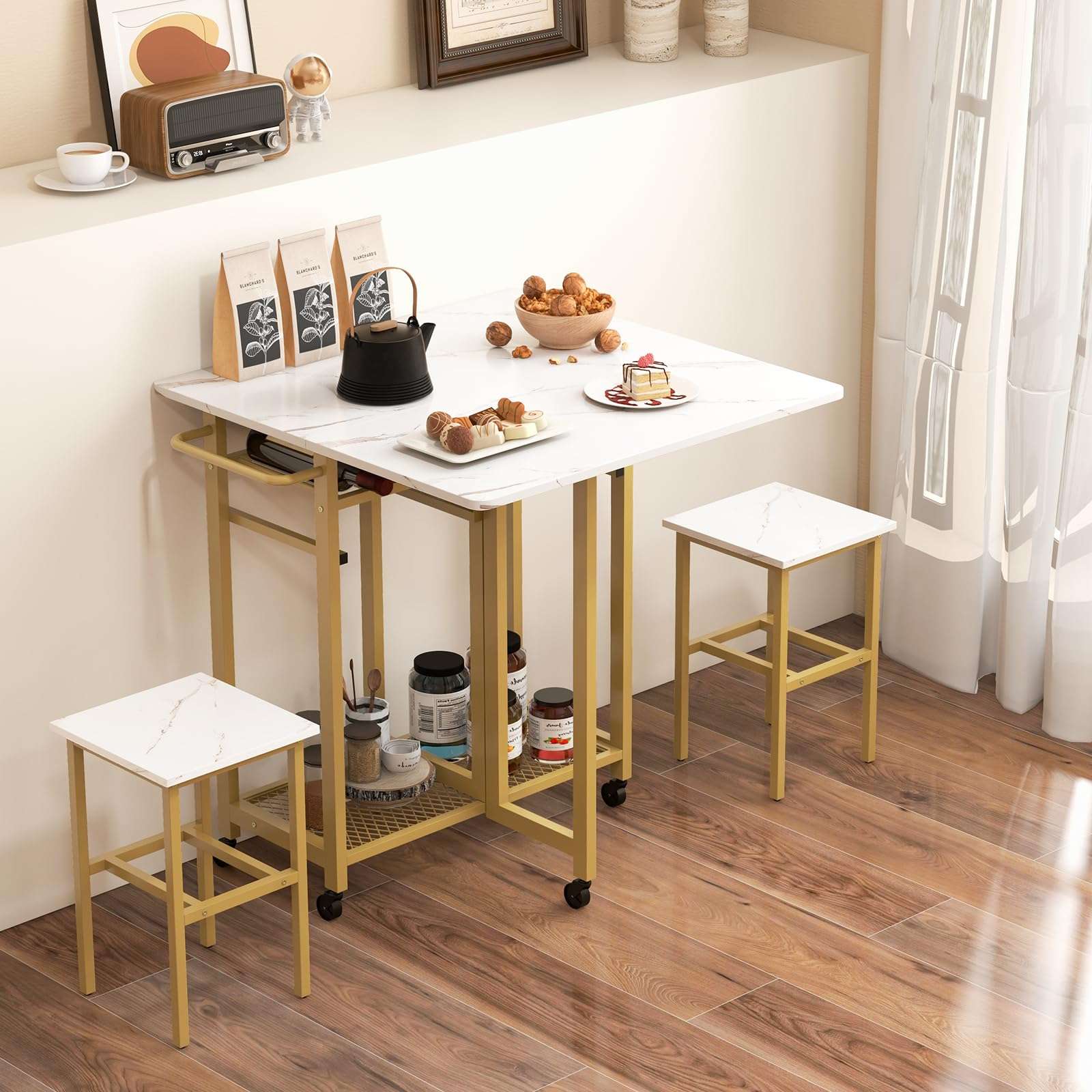 Giantex 3-Piece Foldable Dining Table Set, Extendable Dining Table & 2 Stools Set w/ 6-Bottle Wine Rack, Shelves & Side Pushing Handle, Space-Saving Dining Room Kitchen Table Set for Small Space - Image 2