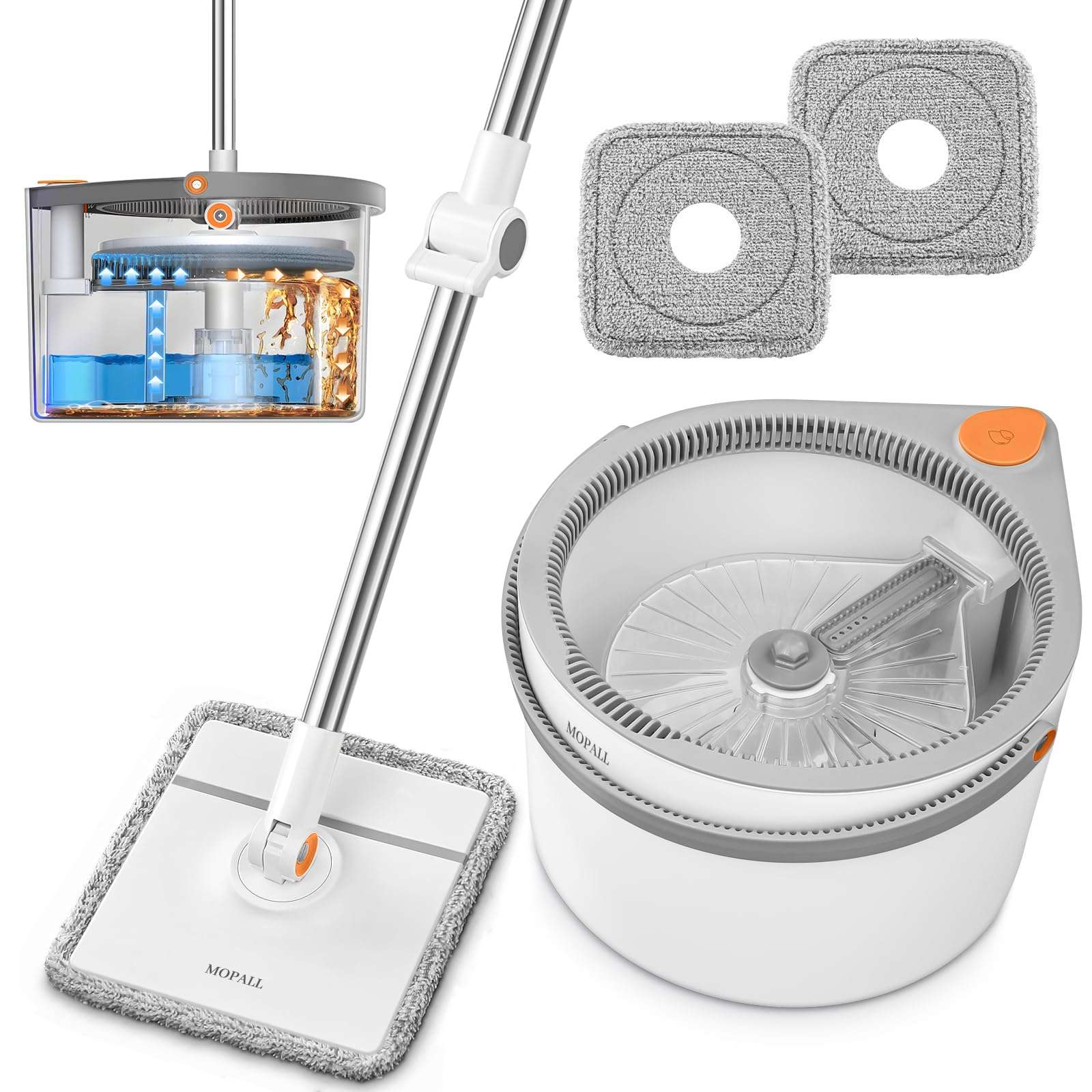 MOPALL Spin Mop and Bucket Set, Dual Chambers Dirty and Clean Water Self Separation for Floor Wall Window, Wet and Dry Mop and Bucket with Wringer Set for Home (1 Square Mop with 2 Microfiber Pads) - Image 1