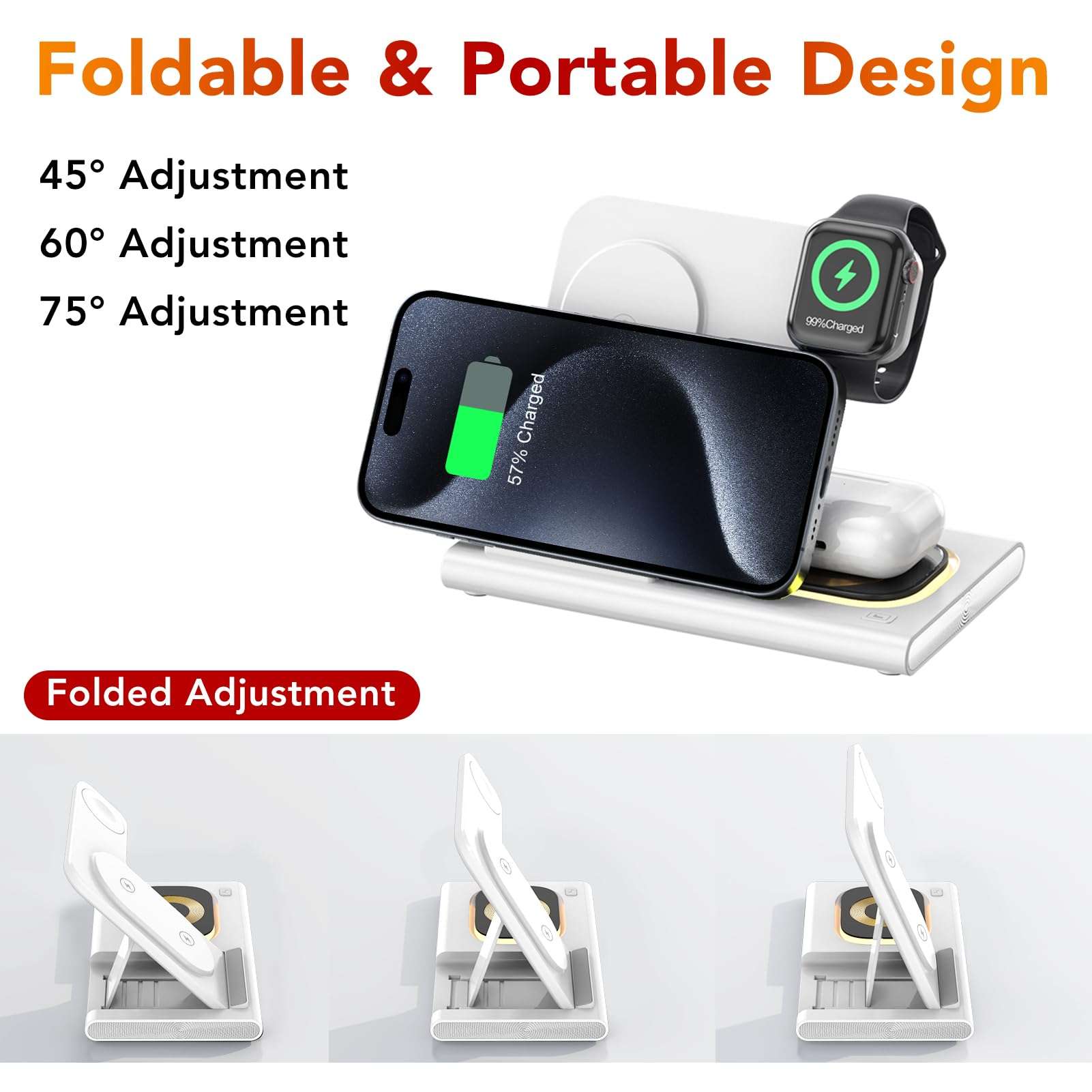 3 in 1 Foldable Charging Station for Apple Products,Wireless Charger for iPhone 17 16 15 14 13 12 Pro Max,Travel Dock Adapter&Light for iWatch Series 11 10 9 Ultra 3/2 SE 3/2,for AirPods 4 3 2 Pro 3/2 - Image 8