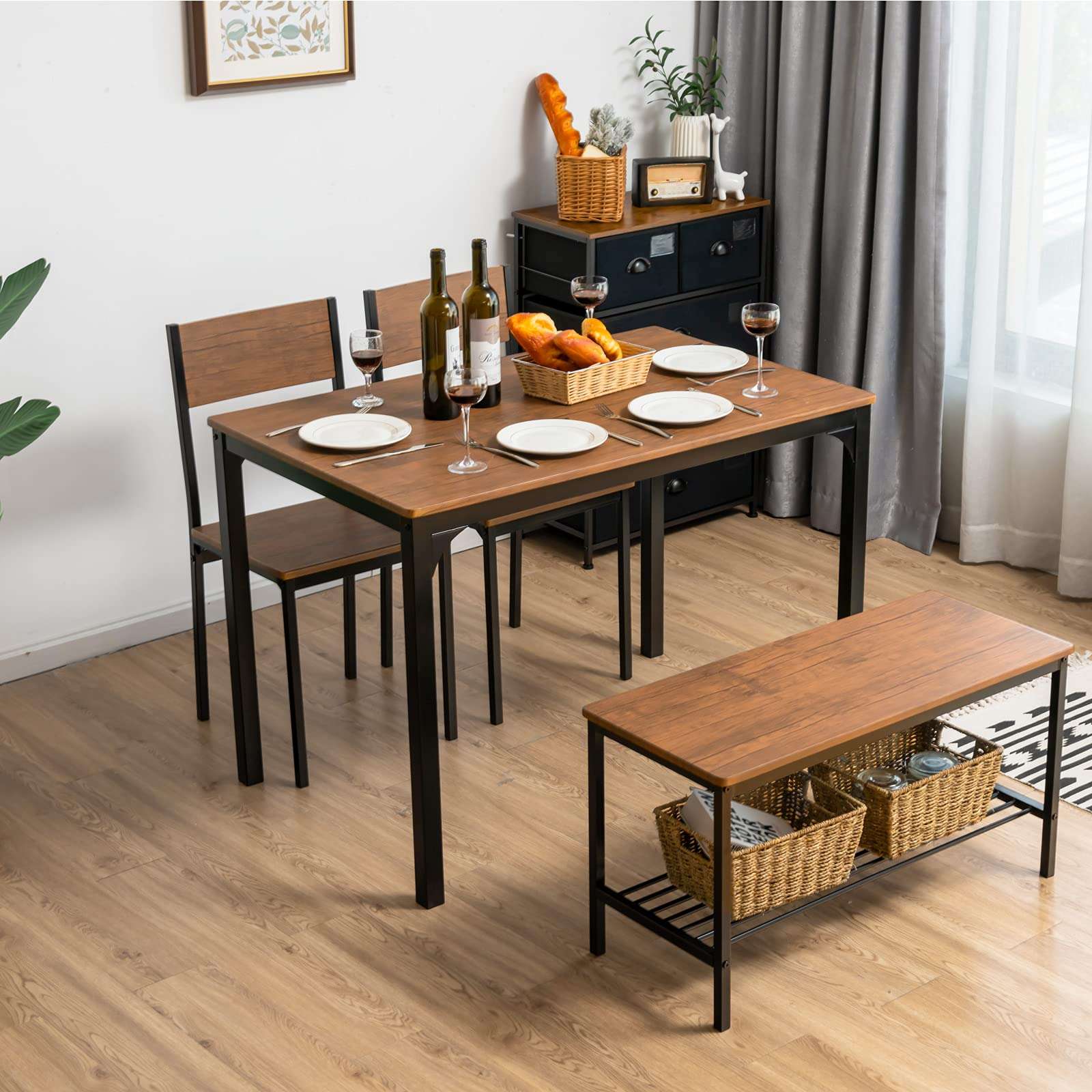 Giantex Dining Table Set for 4, 43" Kitchen Table and Chairs, Dining Bench with Metal Frame & Storage Rack, 4-Piece Modern Functional Desk Set for Dinette, Small Space, Apartment, Restaurant, Brown - Image 2