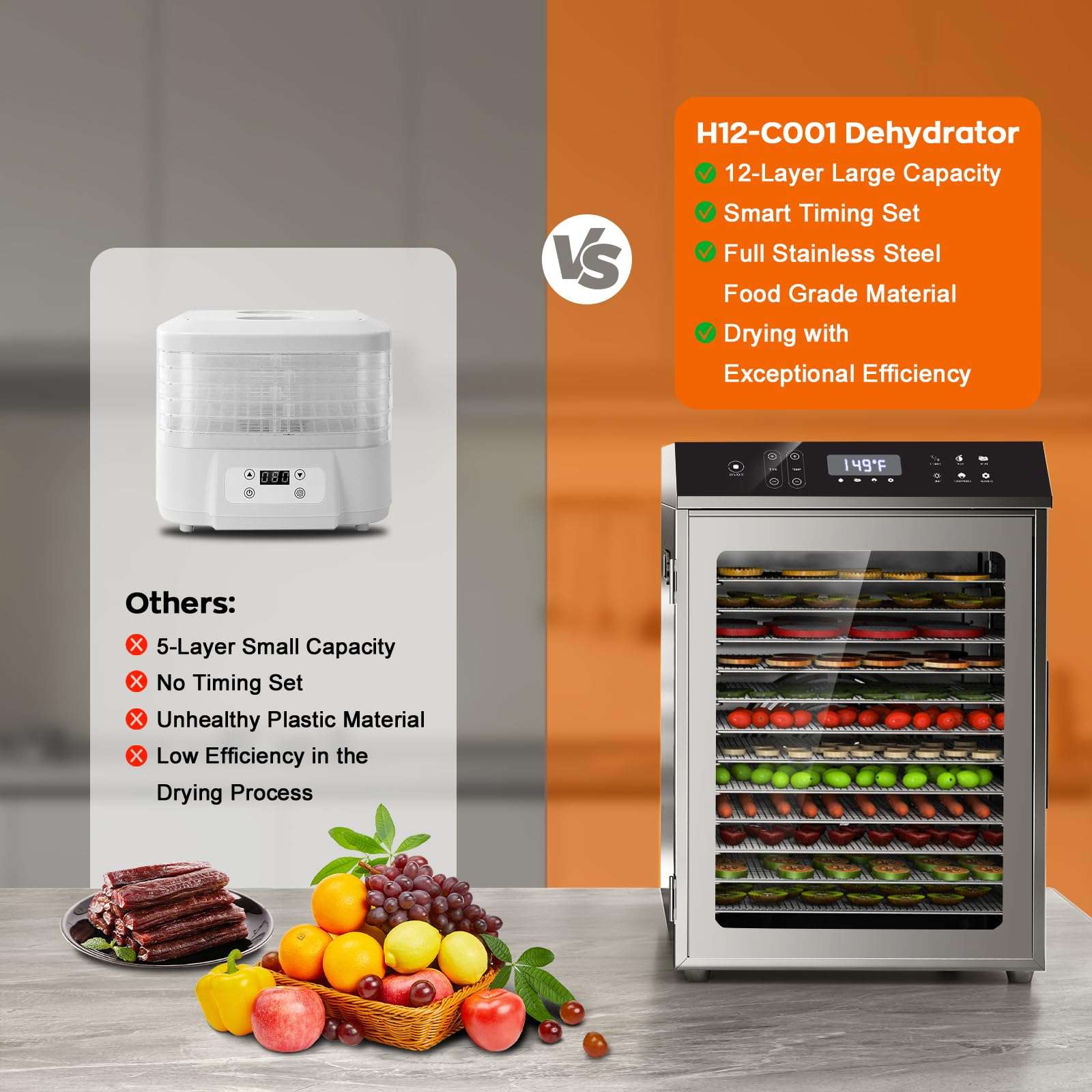 Food Dehydrator for Jerky, 12-Trays Stainless Steel, 850W Electric Dehydrator Machine with 10 Presets, Adjustable Timer, Temperature Control, Digital Food Dryer for Herb, Dog Treats,Meats & Veggies - Image 7