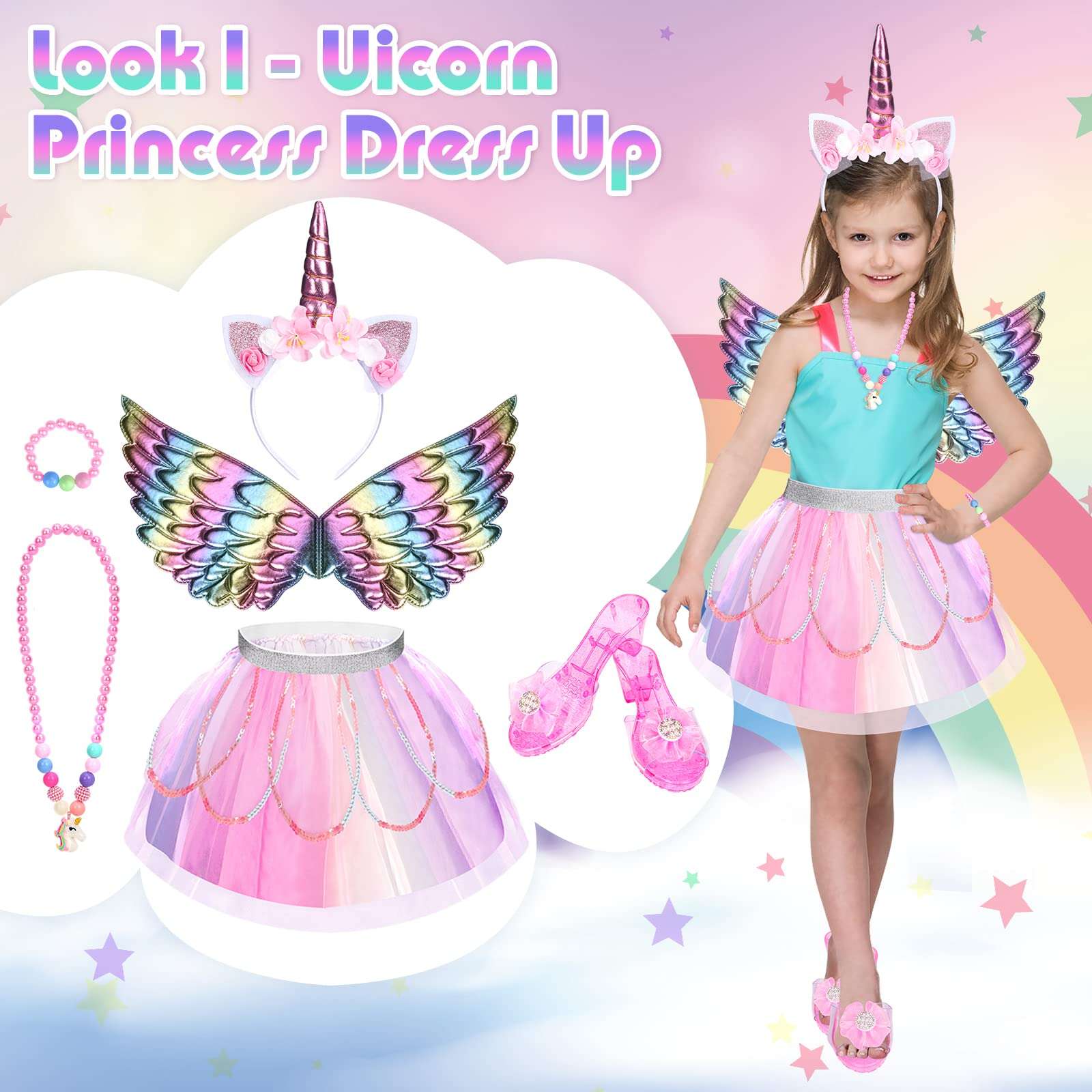 Unicorn & Flower Princess Dress Up Clothes Set for Girls - Tutu, Wings, Shoes, Jewelry, Headband & Play Toys Gift Set for Toddlers - Image 3