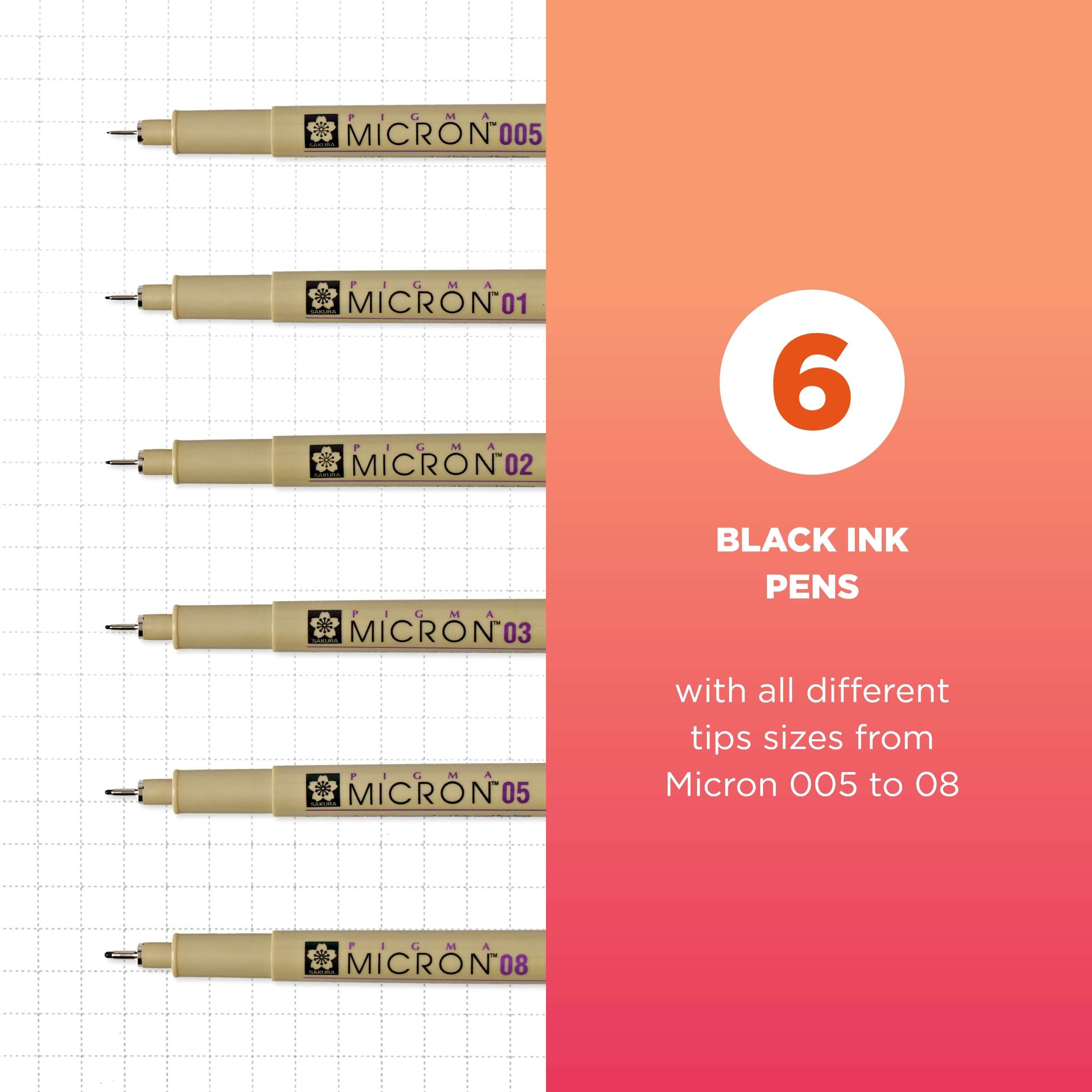SAKURA Pigma Micron Fineliner Pens - Archival Black Ink Pens - Pens for Writing, Drawing, or Bullet Journaling - Assorted Point Sizes - 6 Pack - Image 2
