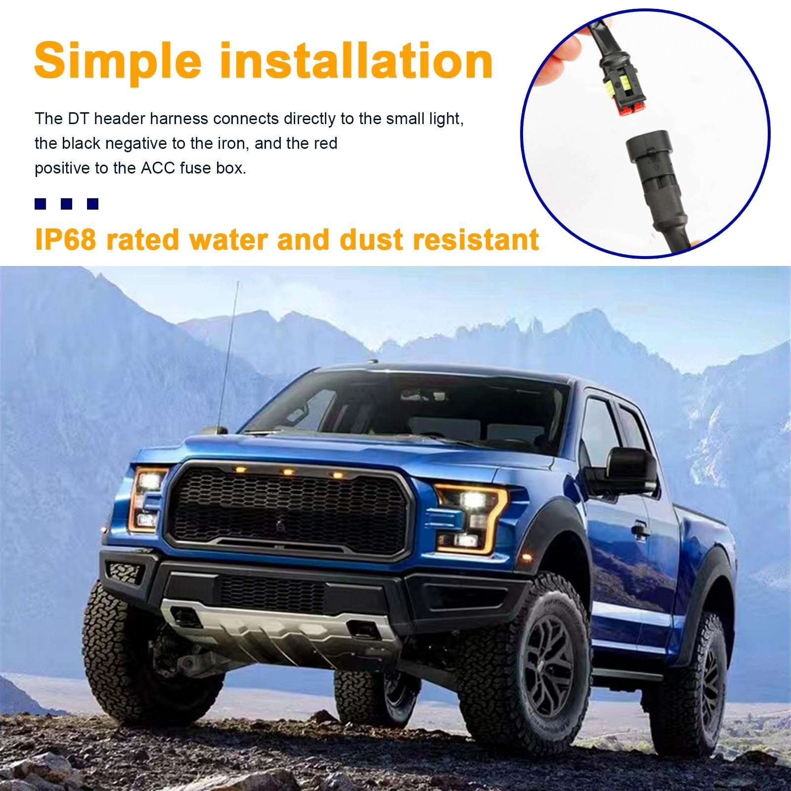 Dickno 6PCS Car Grille Lights, Bright Amber LED Grill Lights with Wiring Harness, Waterproof Front Grill Trim Lamps, Vehicle Exterior Grille Lamps Compatible with F150 F250 F350 (Yellow+Yellow) - Image 5