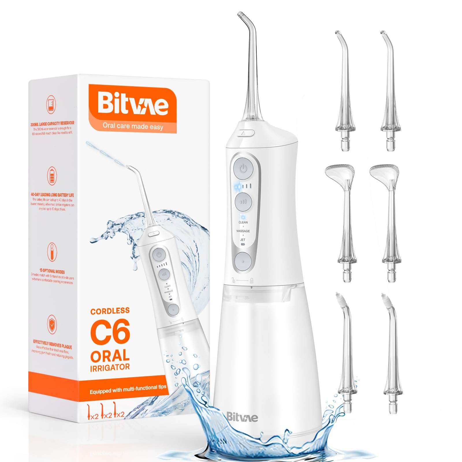 Bitvae Water Dental Flosser Teeth Pick, Cordless Flosser for Travel with 6 Jet Tips, 3 Modes 5 intensities, IPX7 Waterproof Portable & Rechargeable Oral Irrigator Cleaner, White - Image 1