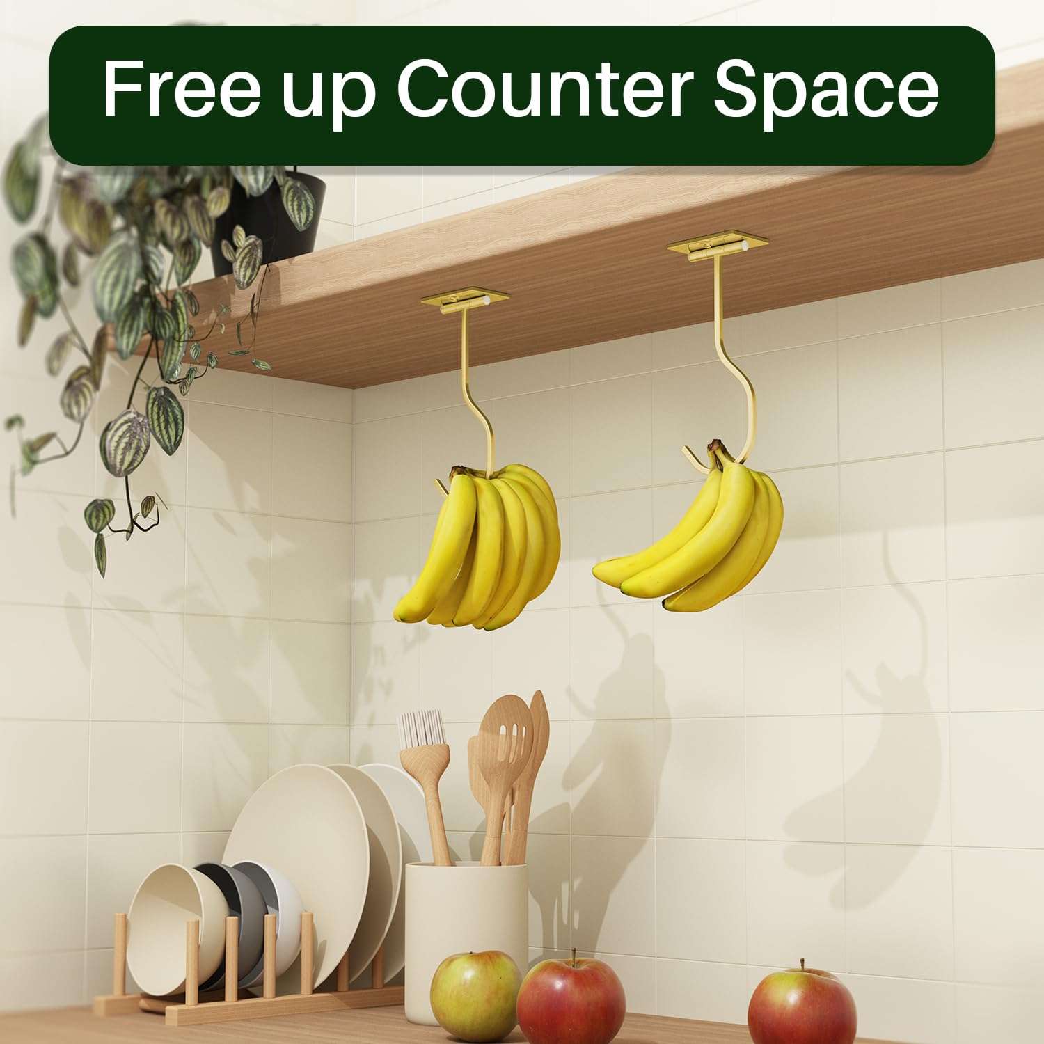 bussdis Self-Adhesive Banana Hook Under Cabinet: 2-Pack Foldable Metal Banana Hanger, Space-Saving Under Counter Banana Holder for Kitchen & RV, Gold - Image 3