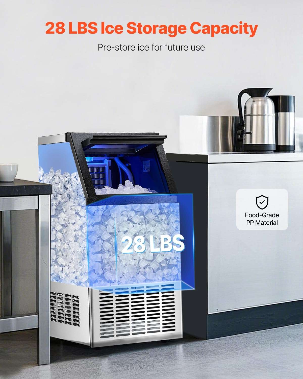 VEVOR Commercial Ice Maker, 100lbs/24H Ice Maker Machine with 28lbs Storage Capacity, 40 Ice Cubes in 15 Minutes, Freestanding Ice Maker for Bar Home Office Restaurant, LED Display, Self-Cleaning - Image 3