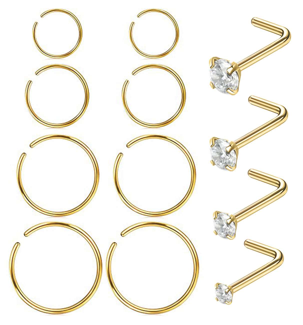 Masedy Nose Rings 12Pcs 20G 316L Stainless Steel L Shaped Nose Studs Cartilage Tragus Septum Piercing 6-12MM - Image 1