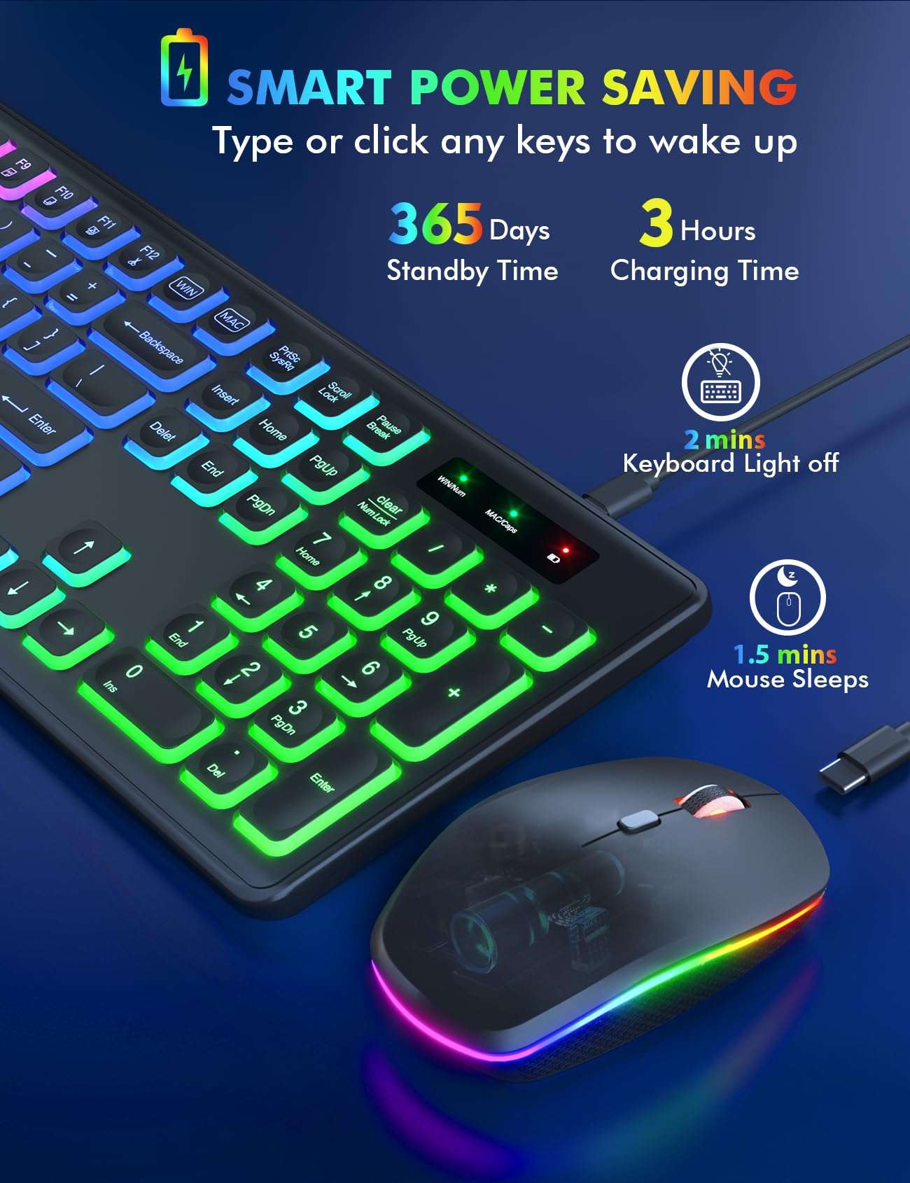 Wireless Keyboard and Mouse Combo - RGB Backlit, Rechargeable & Light Up Letters, Full-Size, Ergonomic Tilt Angle, Sleep Mode, 2.4GHz Quiet Keyboard Mouse for Mac, Windows, Laptop, PC - Image 3