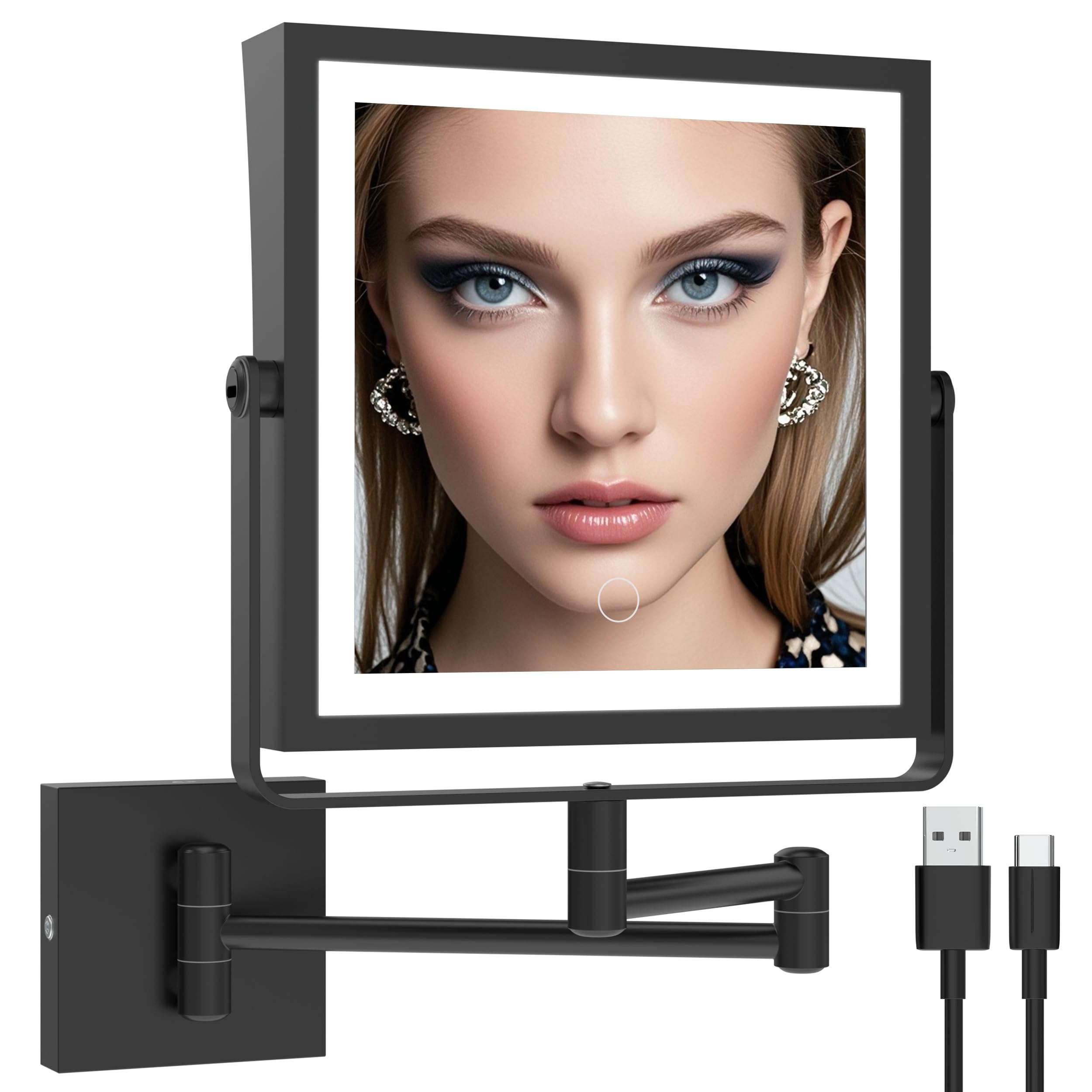 Ruacq Rechargeable Wall Mounted Makeup Mirror with Lights, Double Sided 1X/10X Magnifying Vanity Mirror with 3 Color Lighting, Touch Screen Dimmable, 360° Rotation Extension Foldable Arm(Matte Black) - Image 1