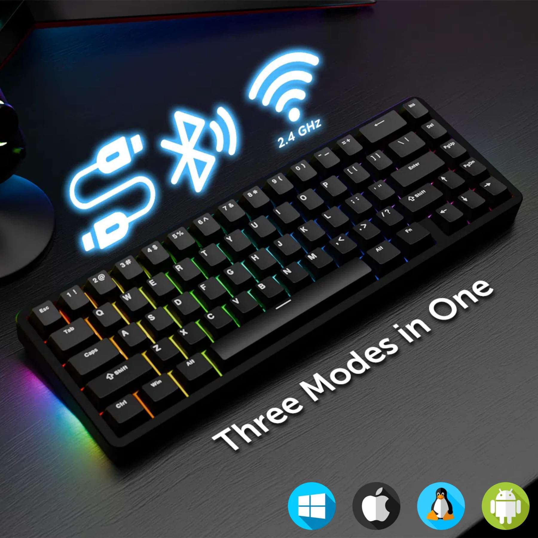 Chilkey ND65 Wireless Aluminum Mechanical Keyboard, 65% Layout Portable Gaming Keyboard, Tri-Mode BT5.0/2.4GHz/USB-C Hot Swappable Custom RGB Backlit Key Board for Laptop Office PC - Black - Image 6