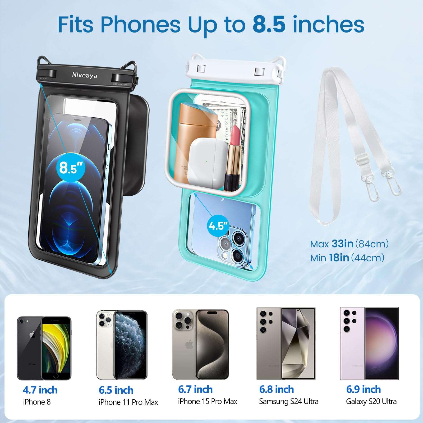 Niveaya 2 Pack IPX8 Waterproof Phone Pouch, Large Space Floating | Water Proof Phone Case with Lanyard | Phone Dry Bag | Beach Cruise Ship Essentials | Up to 8.5" - Image 4