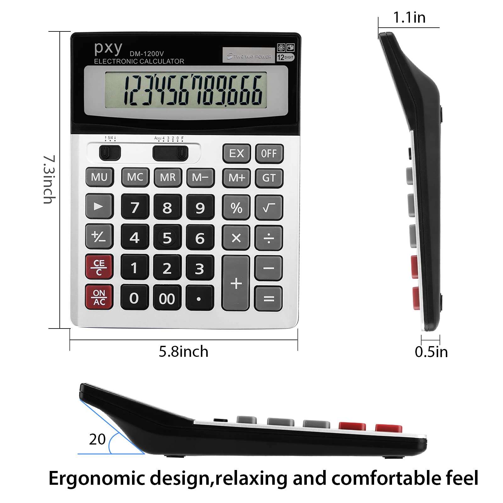 Desk Calculator 12 Digit Extra Large LCD Display, Touch Comfortable with Big Buttons, PXY Two Way Power Battery and Solar Standard Function Office Calculators - Image 2