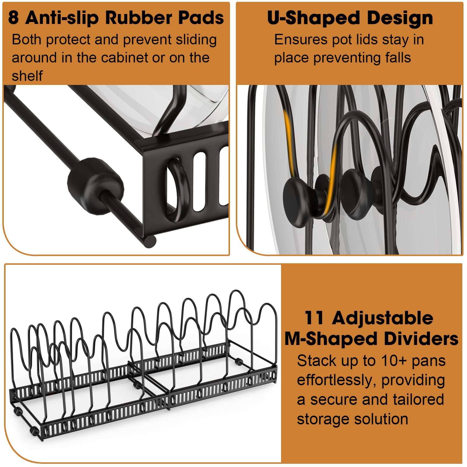 coneyaro Pots and Pans Organizer, Expandable Rack with 11 Dividers for Bakeware and Lid Storage (Black) - Image 4