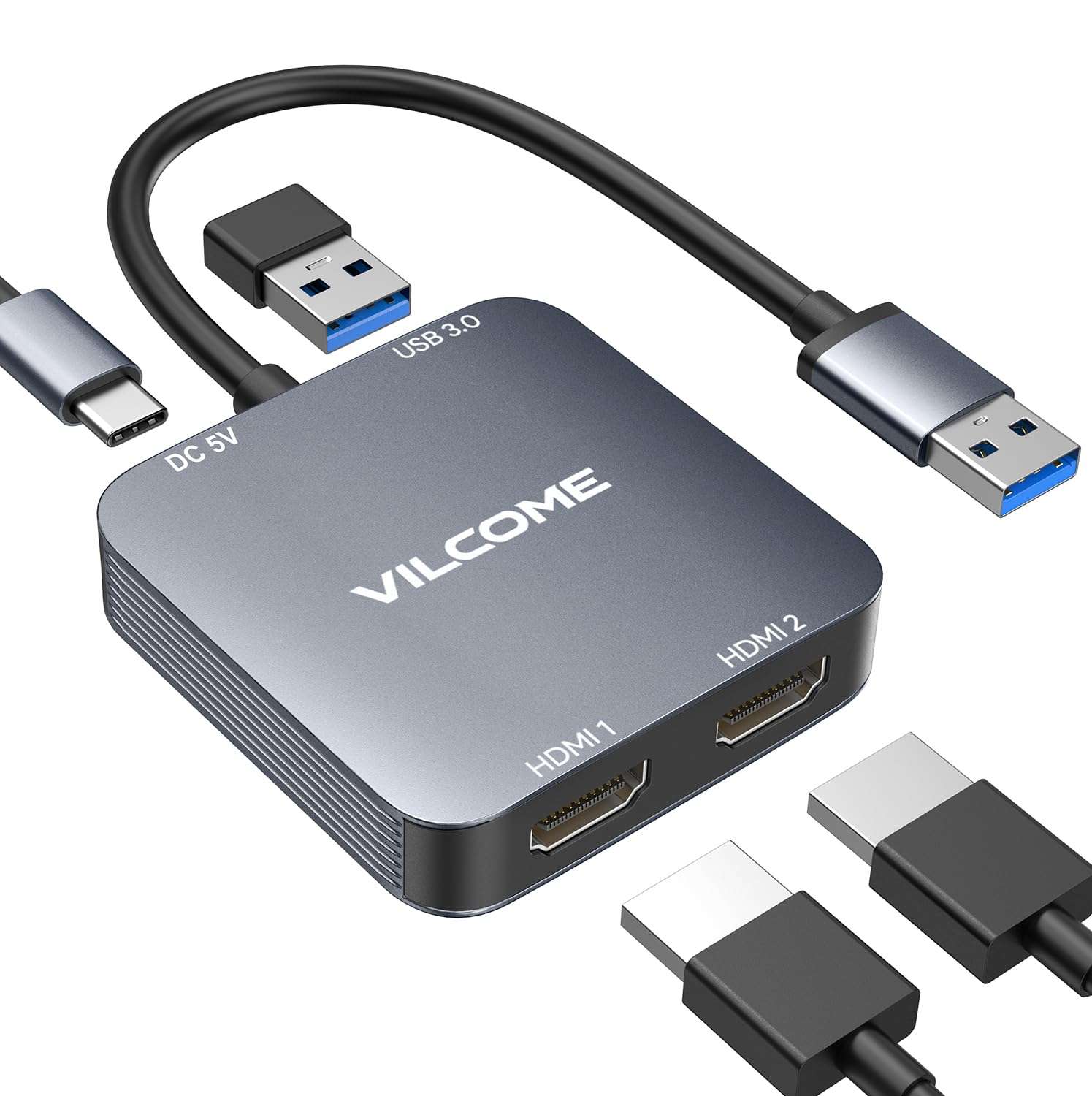 USB to HDMI Adapter, USB 3.0 to Dual HDMI Adapter with USB 3.0 Port, Audio Video Graphics Converter Cable for Laptop Monitor Desktop TV, Compatible with Mac OS, Windows - Image 1