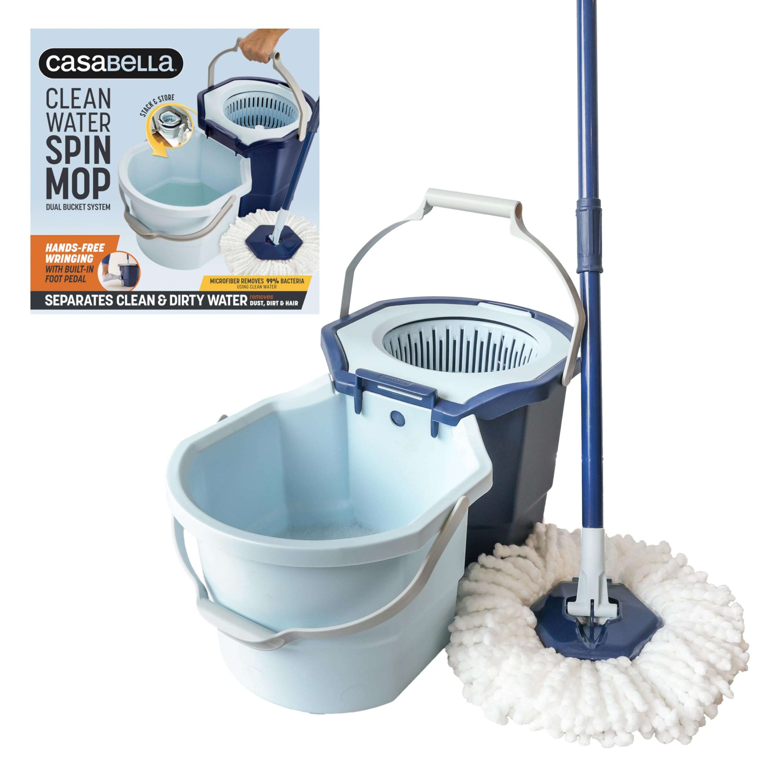 Casabella Clean Water Microfiber Spin Mop with 2-Bucket System, Spin Mop and Mopping Bucket Set, Blue/White - Image 1