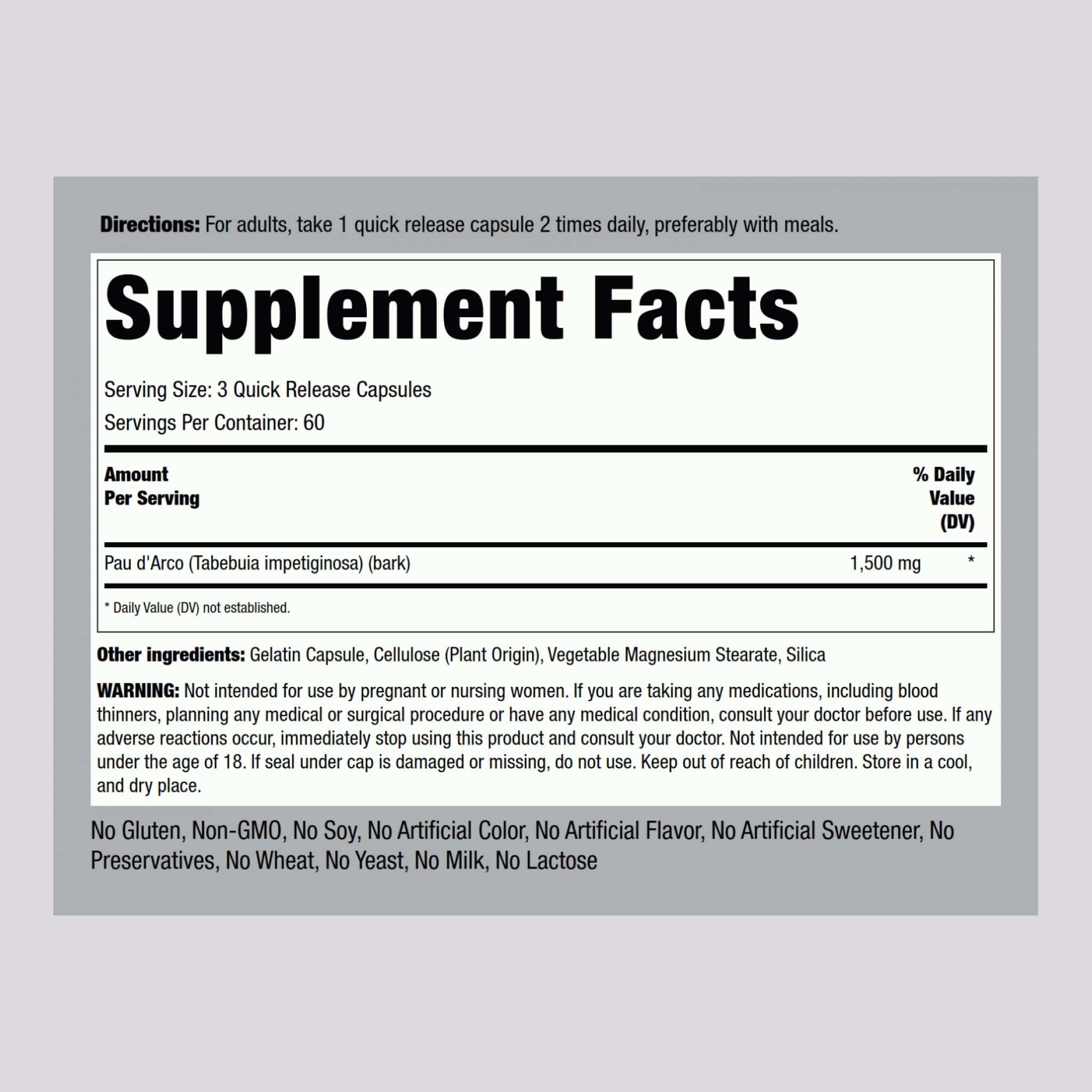 Piping Rock PAU D'Arco Capsules | 1500 mg | 180 Pills | Inner Bark | Herb Extract Supplement | Non-GMO, Gluten Free - Image 2
