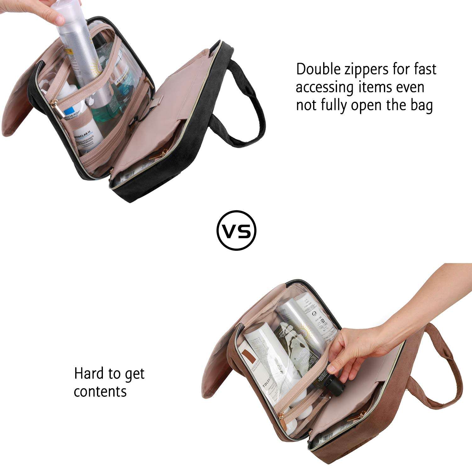 BAGSMART Toiletry Bag Travel Bag with Hanging Hook, Water-resistant Makeup Cosmetic Bag Travel Organizer for Accessories, Shampoo, Full-size Container, Toiletries (Black, Medium) - Image 6