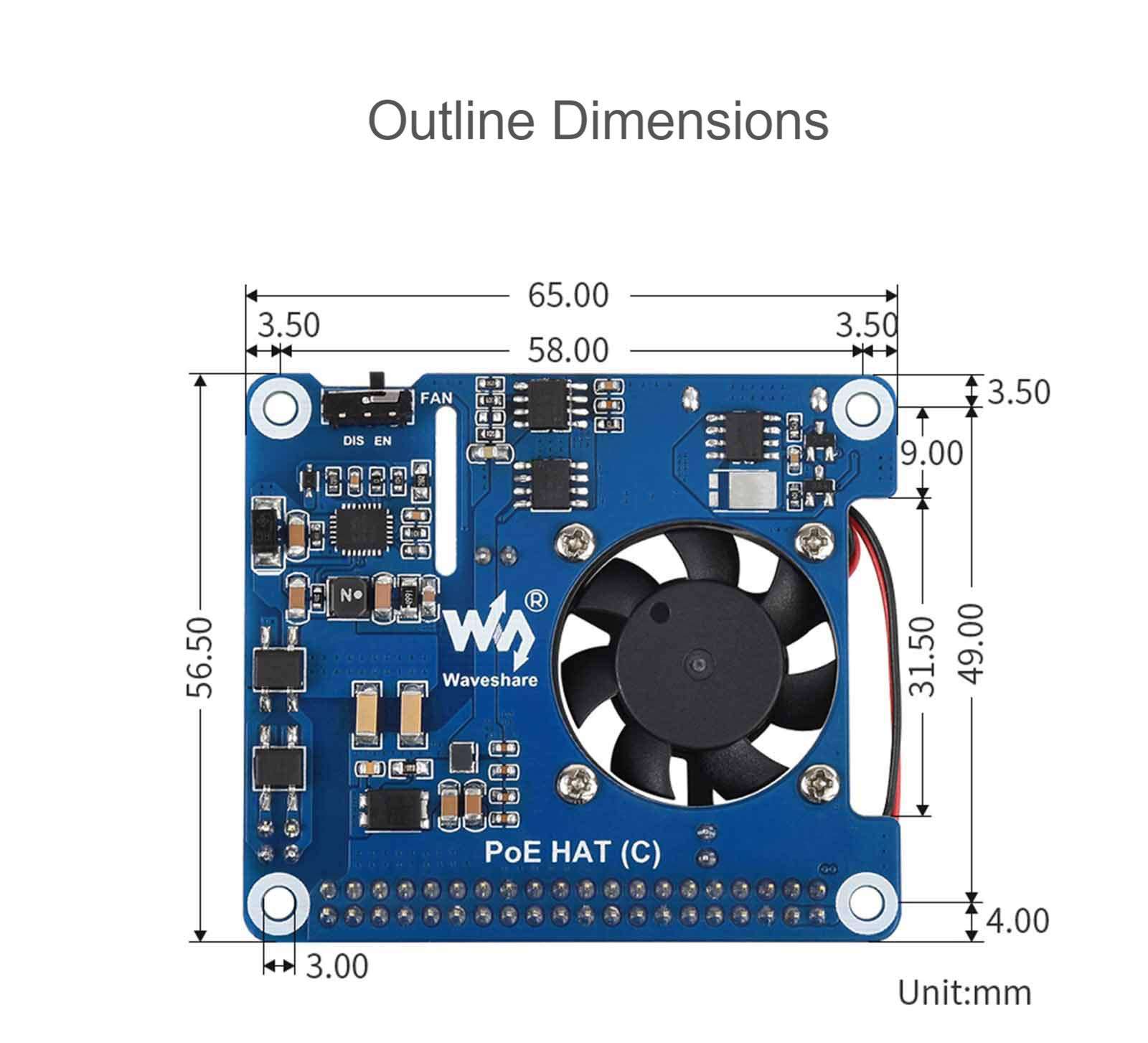 waveshare Power Over Ethernet (PoE) HAT for Raspberry Pi 4B/3B+, 802.3af/at PoE Network Standard, 5V USB-A&12V Header Outputs, PoE HAT Onboard Cooling Fan and MP8676 Buck Chip, Isolated - Image 8