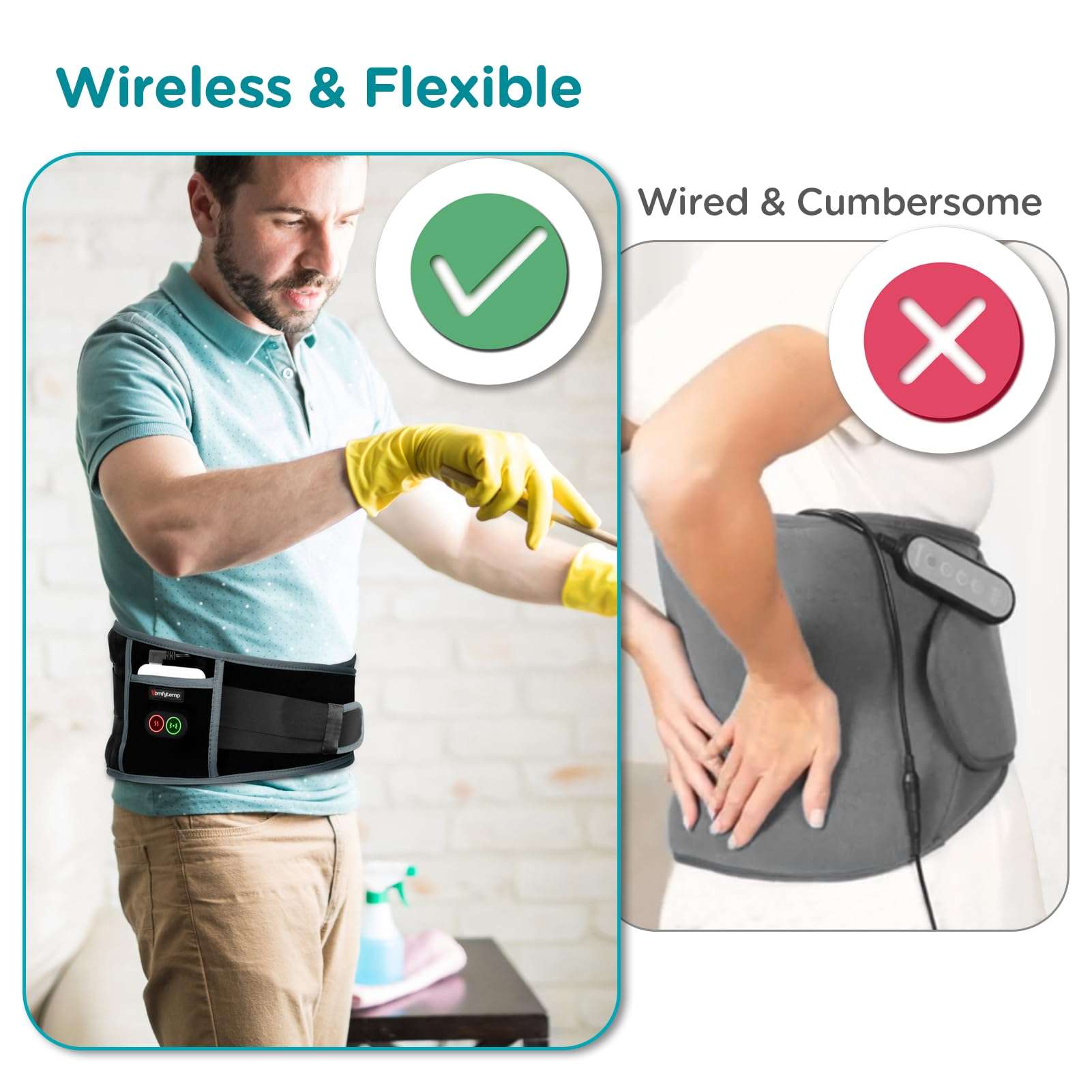 Comfytemp Cordless Heating Pad with Massager for Back Pain Relief, Portable Lower Back Massager FSA Eligible Wearable Rechargeable, Birthday Gifts for Grandma Grandpa Dad Mom Men Women 3 Heat Auto-Off - Image 8
