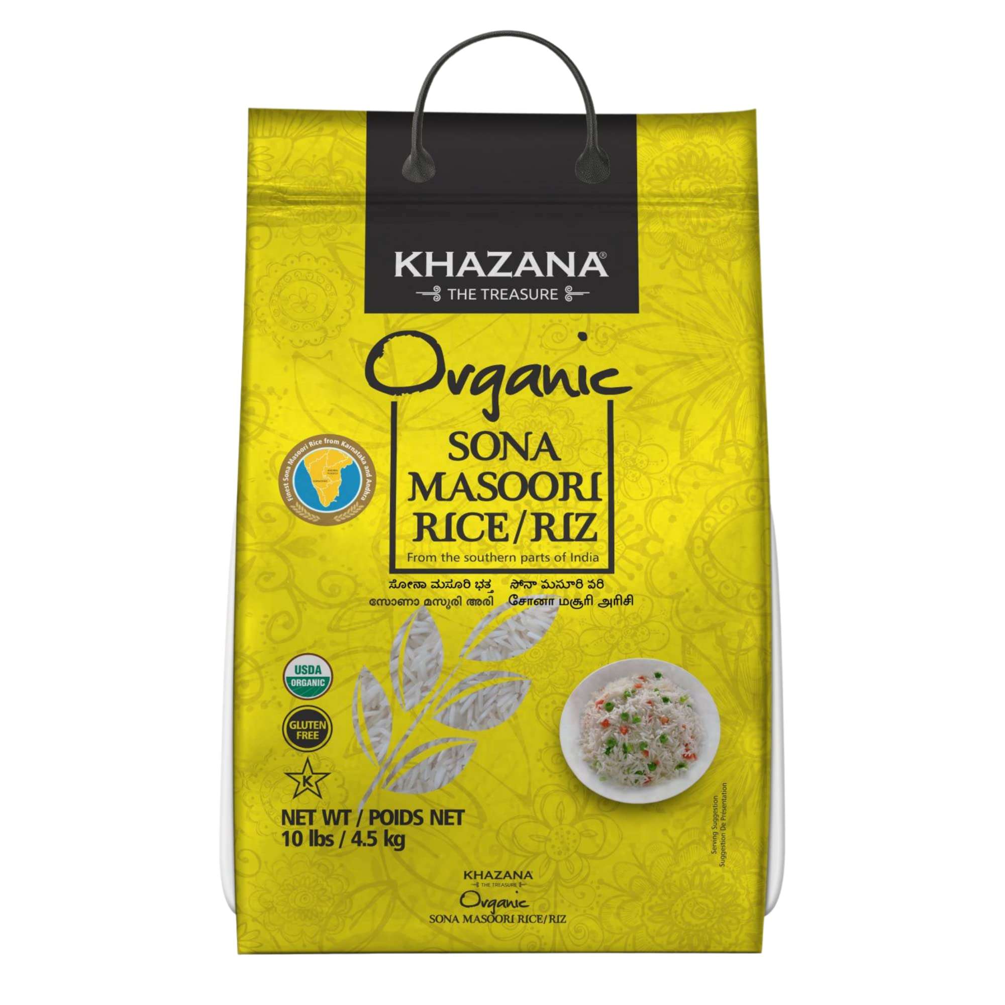 Organic Sona Masoori Rice by Khazana in 10 lb Bag - Aromatic and Flavorful Indian Grain - Non-GMO, Gluten Free, Kosher, Cholesterol Free - Image 1