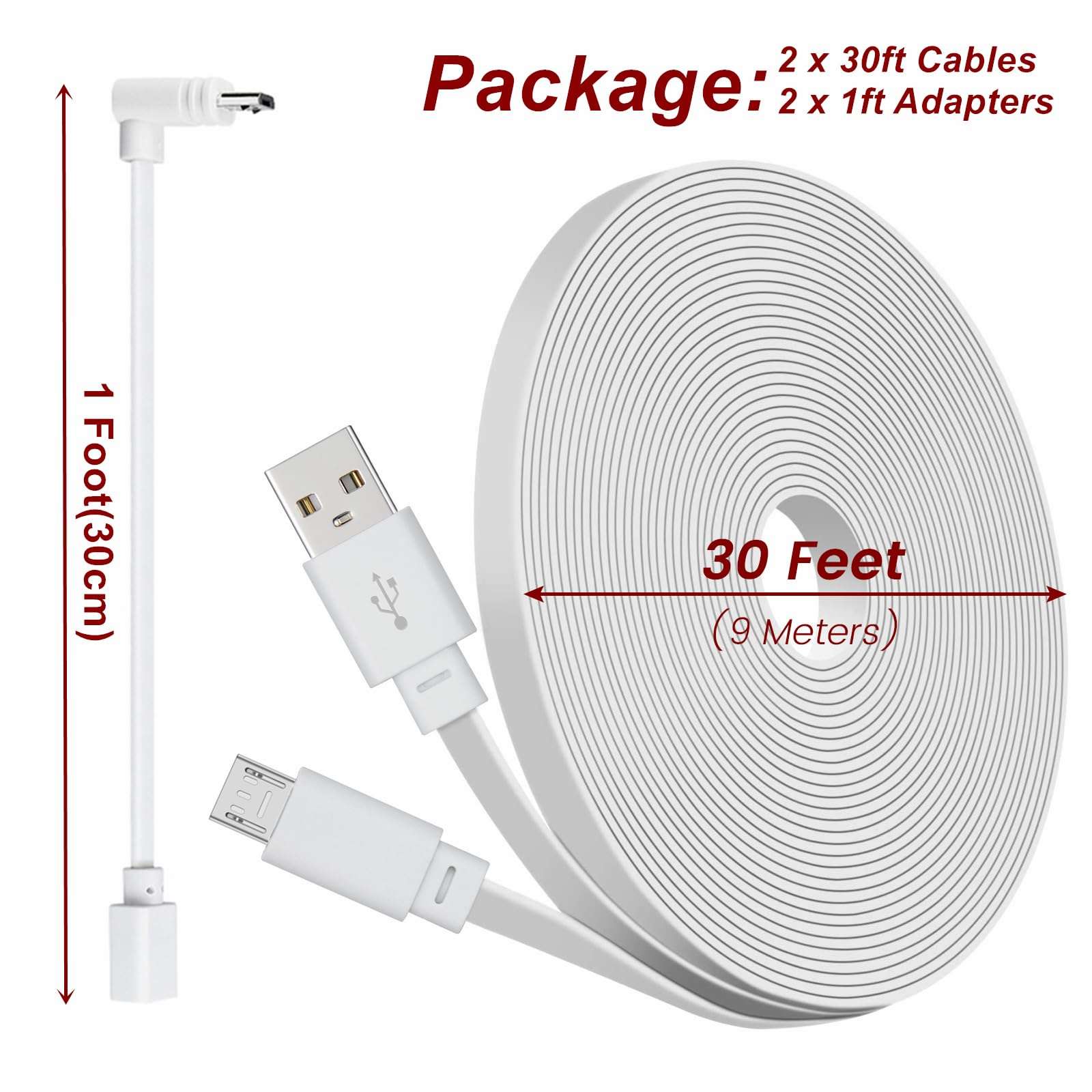2 Pack 30ft Power Extension Cable Compatible with Wyze Cam v4,Wyze Cam Pan v3,Wyze OG,Wyze Cam v3 and v3 Pro Security Camera - 9m Long Flat USB to Micro USB Charging Cord with L-Shaped Adapter, White - Image 7