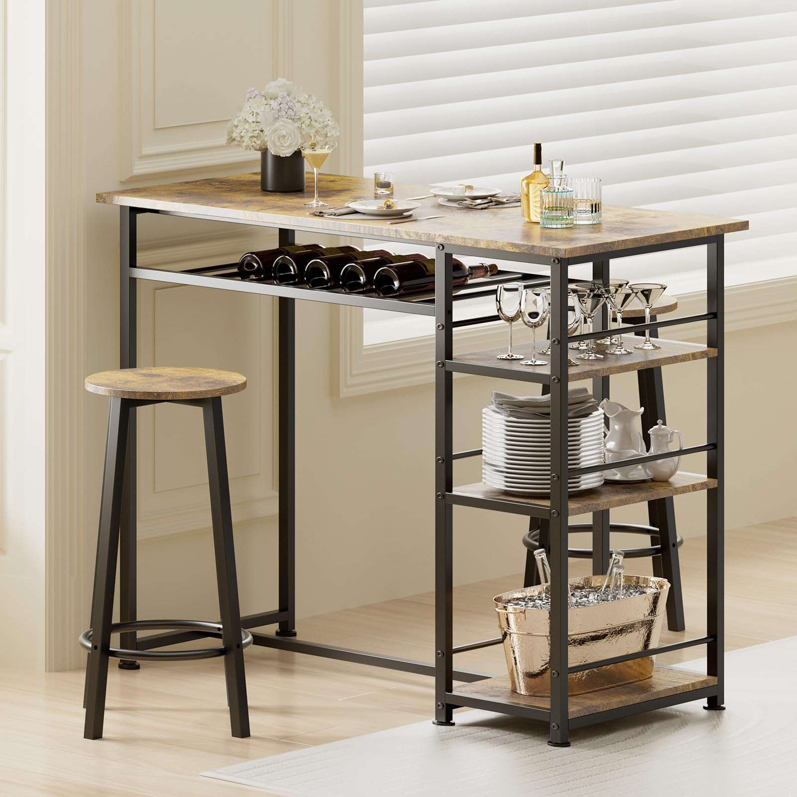 COMHOMA Dining Table Set for 2, Counter Height Kitchen Table and Chairs with Storage Shelves & Wine Rack, Bar Table Set with 2 Bar Stools, 3 Piece Dining Room Table Set for Small Space, Retro Brown - Image 4