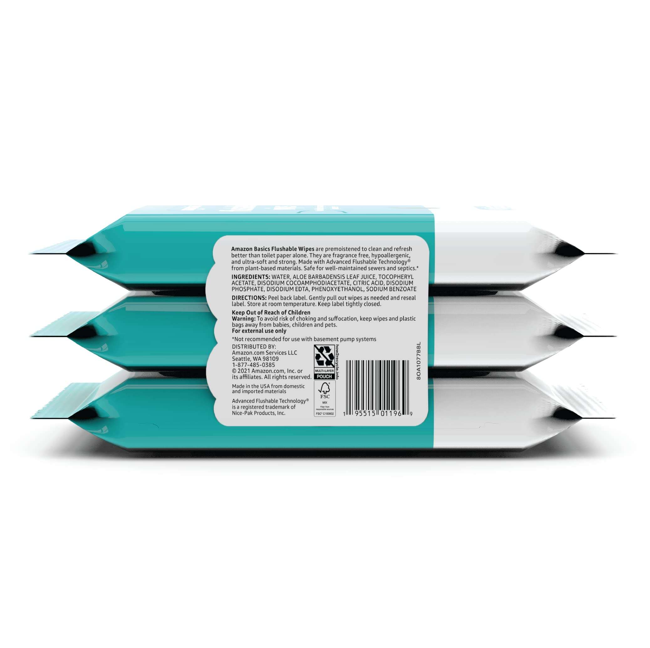 Amazon Basics Adult Wet Wipes Flushable Fragrance Free, 126 Count (3 Packs of 42) Packaging May Vary - Image 3