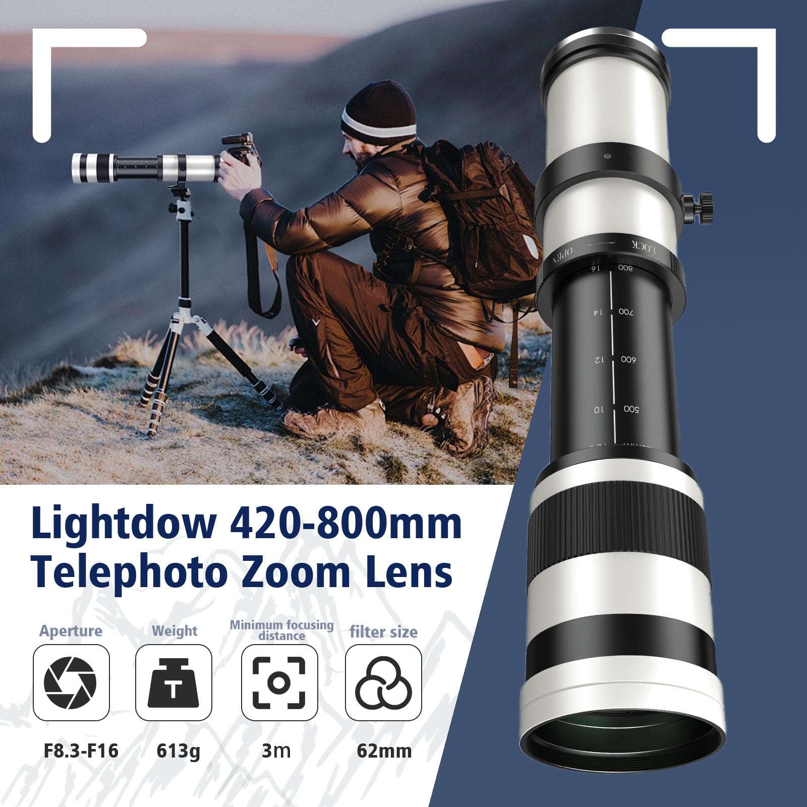 Lightdow RF 420-800mm F8.3 Telephoto Zoom Lens - MF for Canon EOS R6 Mark II/R5 Mark II/R5/R3/R7/R8/R10/RP/R6/R50/R1/R5 C/R50 V/R100/R/Ra - Manual Focus Mirrorless Cameras Lens(RF Mount,White) - Image 6