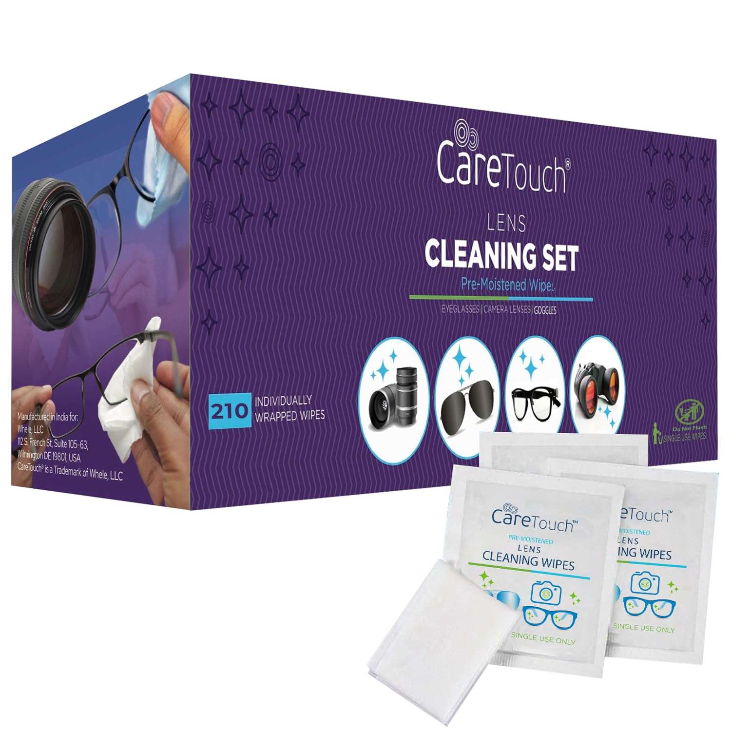 Care Touch Lens Wipes for Eyeglasses- 210 Count Individually Wrapped Pre- Moistened Wipes, 5 x 6 Inch- Camera Lens, Sunglasses and Glasses Cleaner,- Gentle and Portable for Cleaning of Optical Devices - Image 1