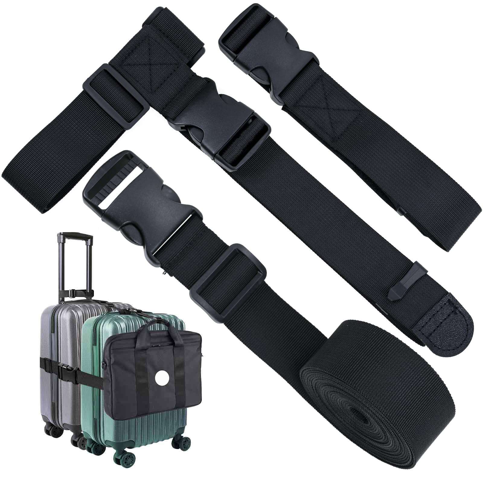 Add a Bag Luggage Strap - Heavy Duty Adjustable Suitcase Belt - Travel Accessory for 3 pcs Luggage Connecting - 3 Pack (Black) - Image 1