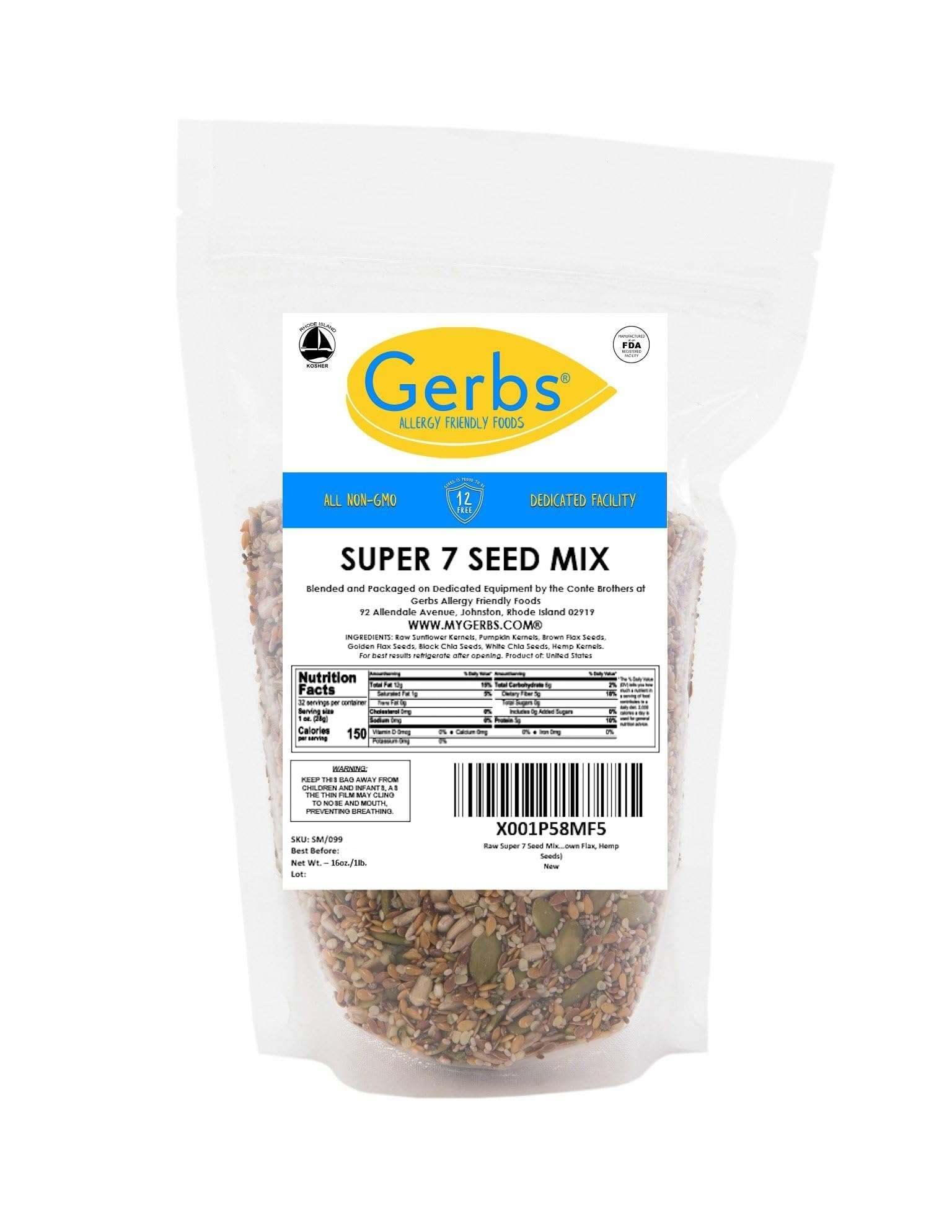 GERBS Raw Super 7 Seed Snack Trail Mix 1 LBS. | Top 14 Food Allergy Free | Resealable Bulk Bag | Made in USA | Raw Pumpkin | Sunflower | Brown & Golden Flax | Black & White Chia | Hemp | Gluten Free - Image 3