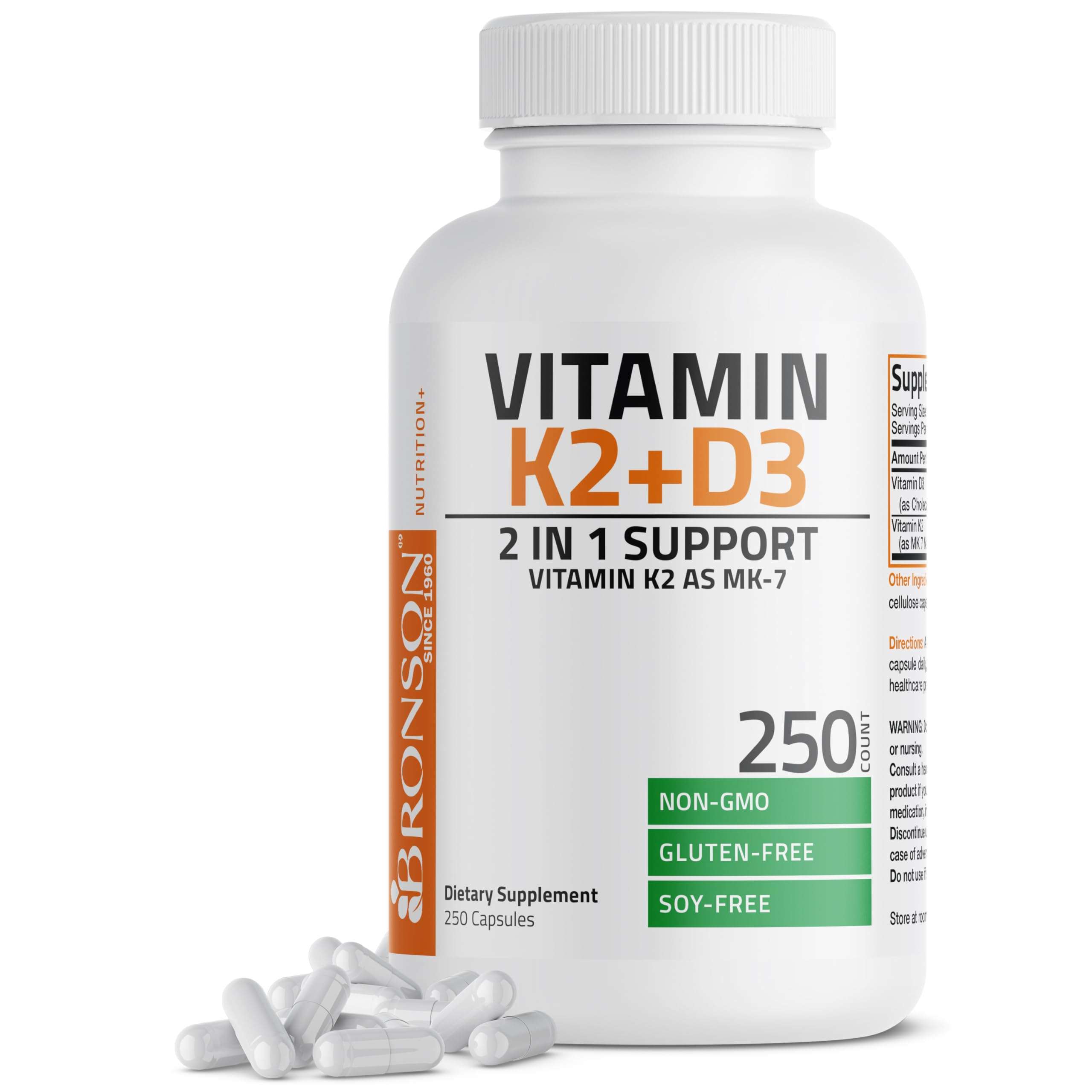 Bronson Vitamin K2 (MK7) with D3 Supplement Non-GMO Formula 5000 IU Vitamin D3 & 90 mcg K2 MK-7 Easy to Swallow D & K Complex, 250 Capsules - Image 1