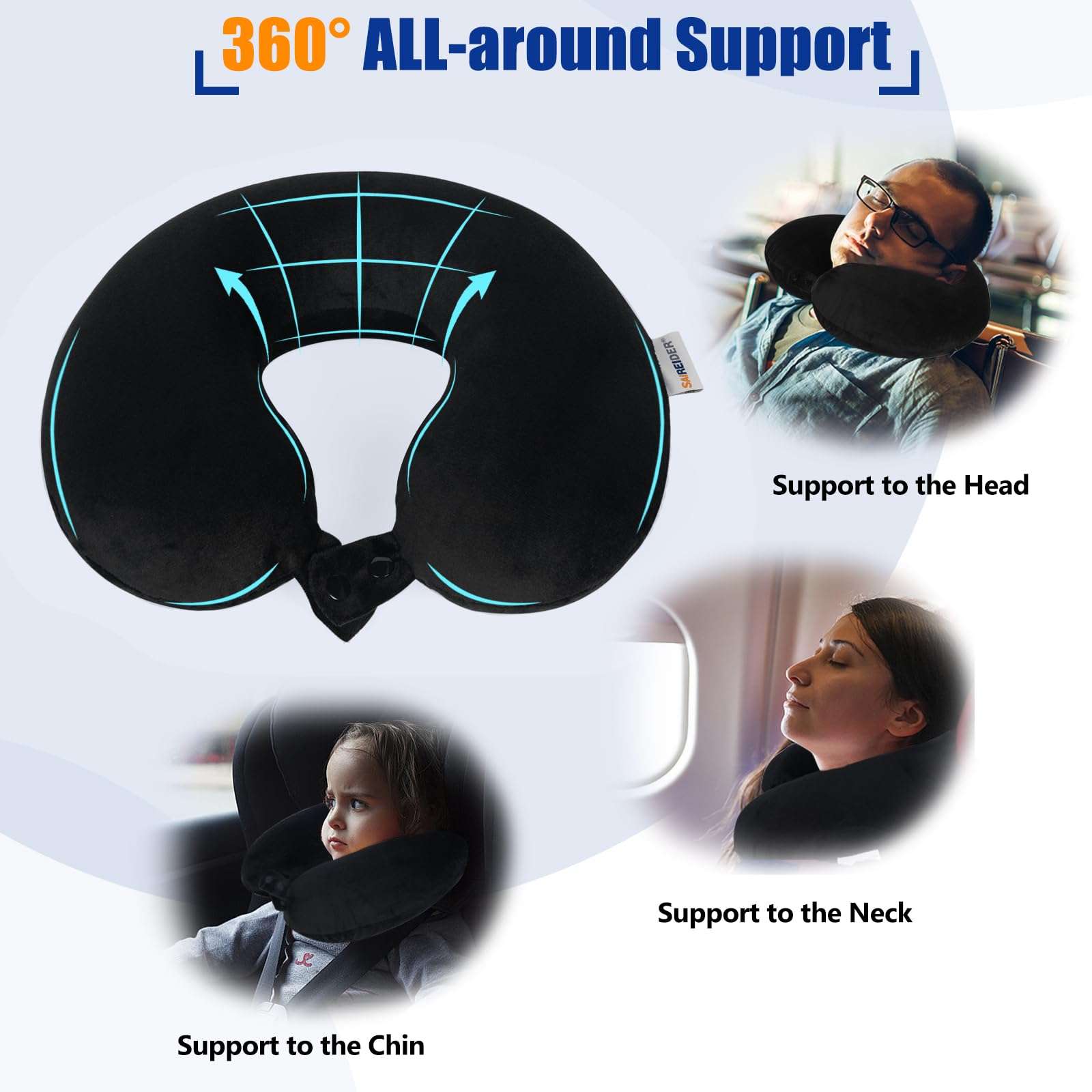 SAIREIDER Travel Pillow 100% Pure Memory Foam Travel Neck Pillow, Airplane Pillow for Traveling、Car、Home、Office，Washable Cover（Black） - Image 4