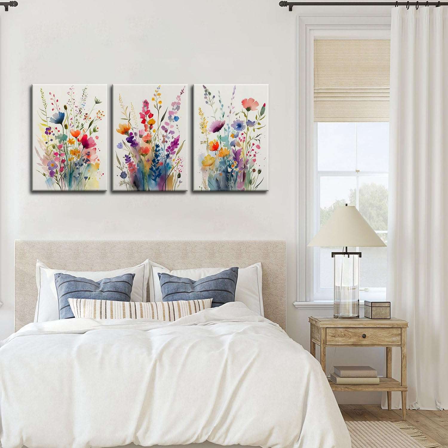 KISSFOX 3 Piece Colorful Wildflower Botanical Framed Wall Art Watercolor Floral Canvas Art Prints Boho Flower Pictures Wall Decor Modern Minimalism Paintings Artwork Girls Bedroom Living Room Bathroom - Image 4