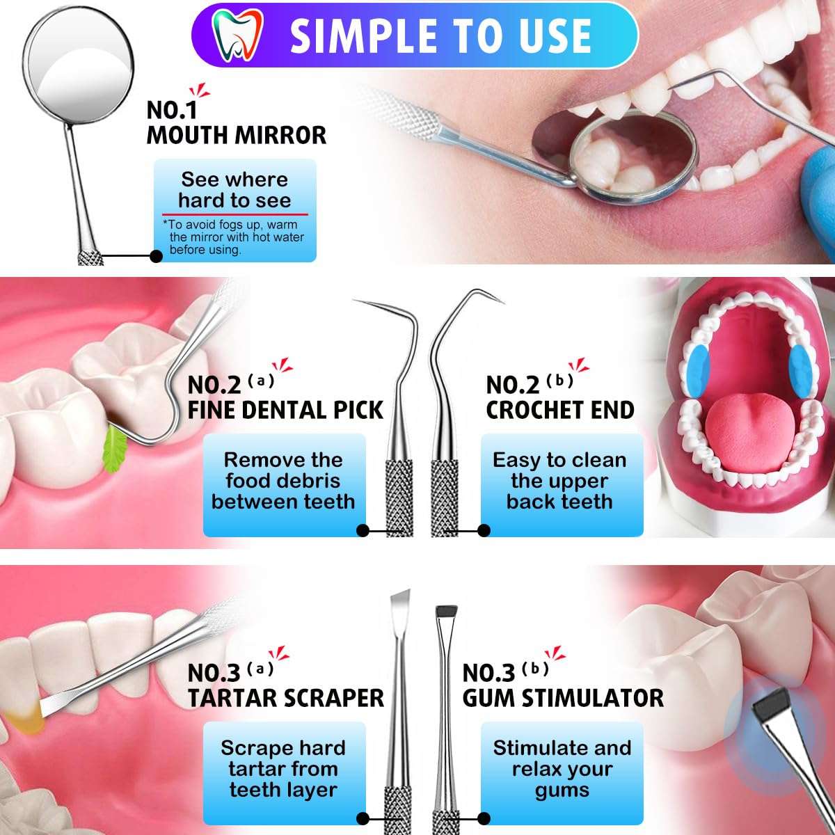 G.CATACC Dental Tools, Dental Pick Teeth Cleaning Tools Hygiene Kit, Plaque Remover for Teeth, Professional Stainless Steel Tooth Scraper Plaque Tartar Cleaner - with Case - Image 5