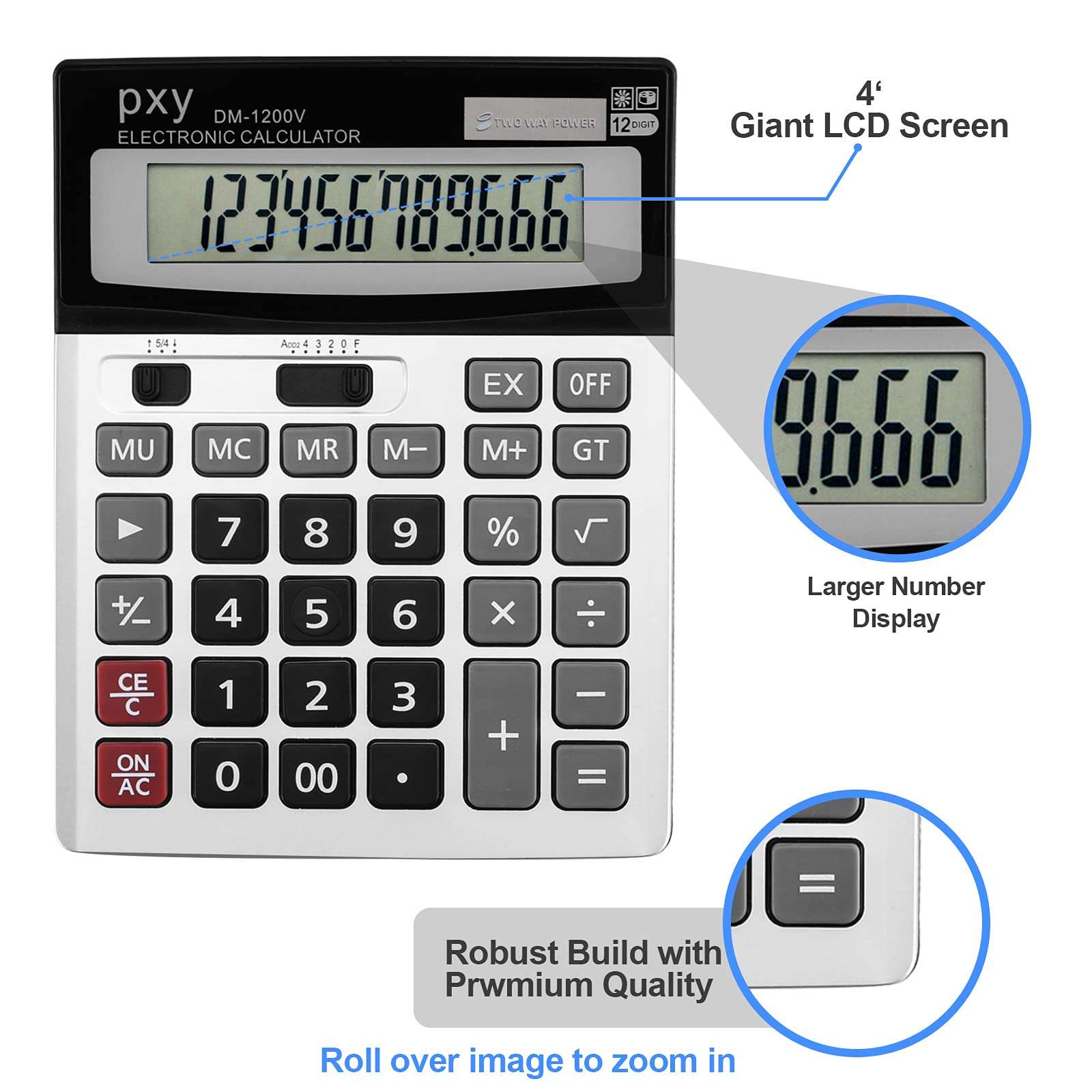 Desk Calculator 12 Digit Extra Large LCD Display, Touch Comfortable with Big Buttons, PXY Two Way Power Battery and Solar Standard Function Office Calculators - Image 4