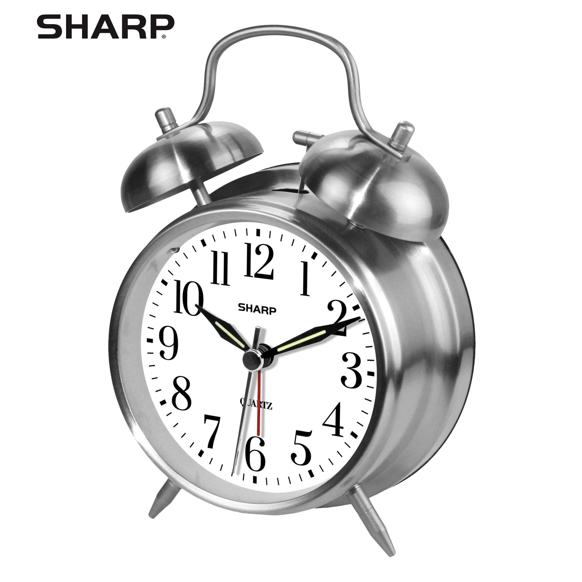 Sharp Twin Bell Alarm Clock - Loud Alarm - Great for Heavy Sleepers - Battery Operated Quartz Analog Clock (Brushed Silver) - Image 5