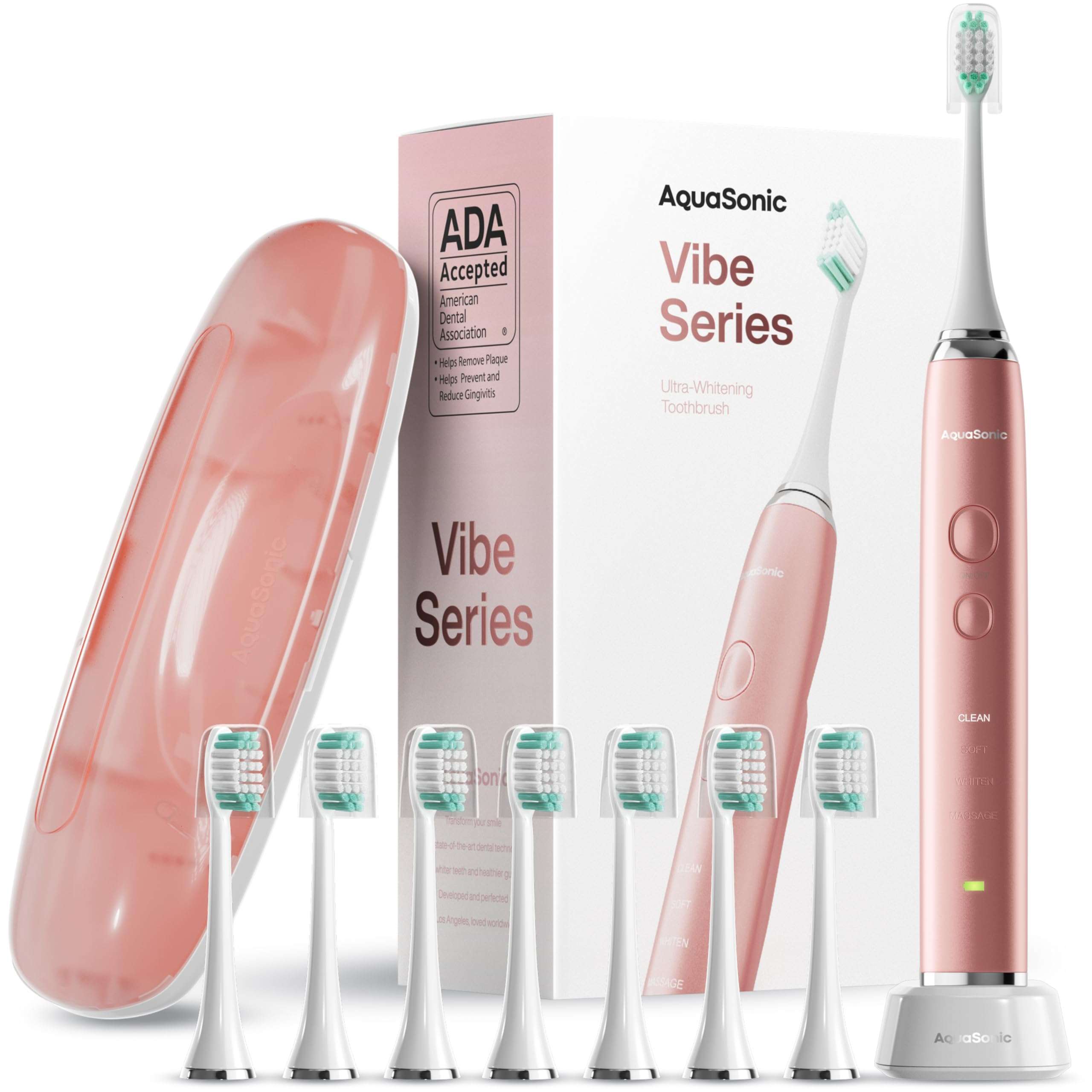 Aquasonic Vibe Series Ultra-Whitening Toothbrush – ADA Accepted Electric Toothbrush - 8 Brush Heads & Travel Case – 40,000 VPM Motor & Wireless Charging - 4 Modes w Smart Timer – Satin Rose Gold - Image 1