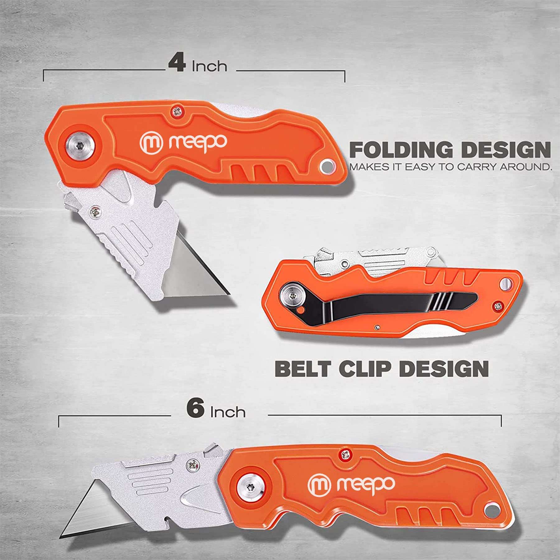 M MEEPO Box Cutter, 4-Pack Tough Folding Box Cutter for Heavy Duty Purpose, Razor Sharp Blade, Comfortable Handle, with Extra 10-Piece Blades, Can cut Drywall, Sheet Plastic, Linoleum, Boxes, Rope - Image 8