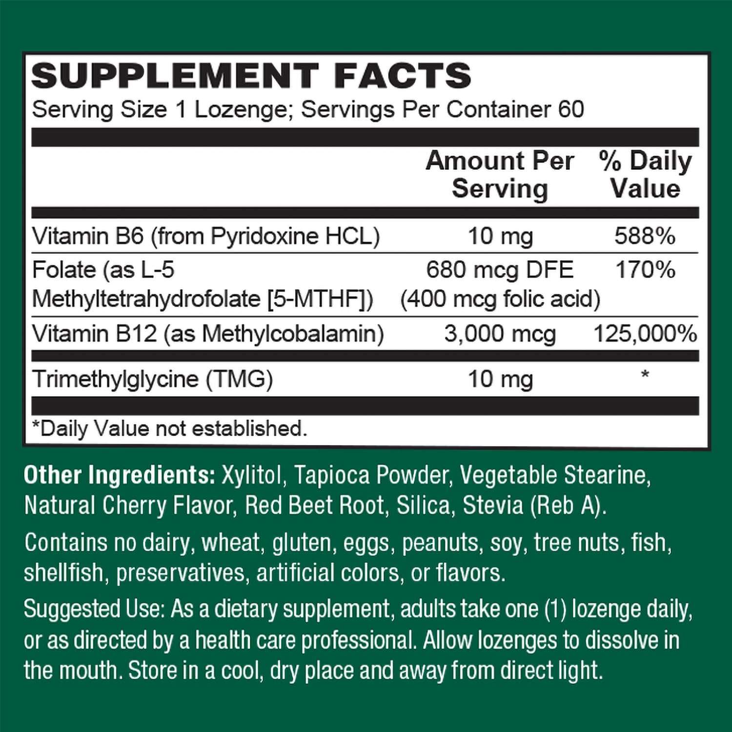 PlantFusion Methylated Vitamin B Complex – Vegan B12 3000mcg, Vegan Methylfolate (5-MTHF) 400mcg, B6 & TMG – Cherry-Flavored Lozenges – 60 Count - Image 2