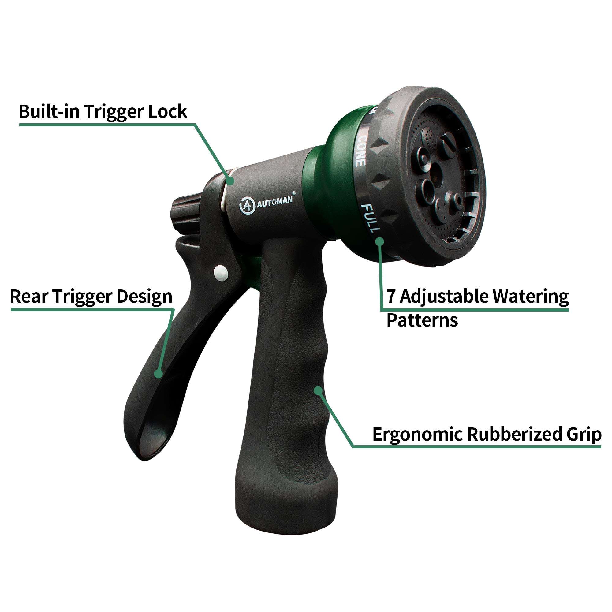 AUTOMAN-Garden-Hose-Nozzle, ABS Water Spray Nozzle with 7 Adjustable Watering Patterns, Slip Resistant for Watering Plants, Lawn& Garden, Washing Cars, Cleaning, Showering Pets & Outdoor Fun. - Image 3