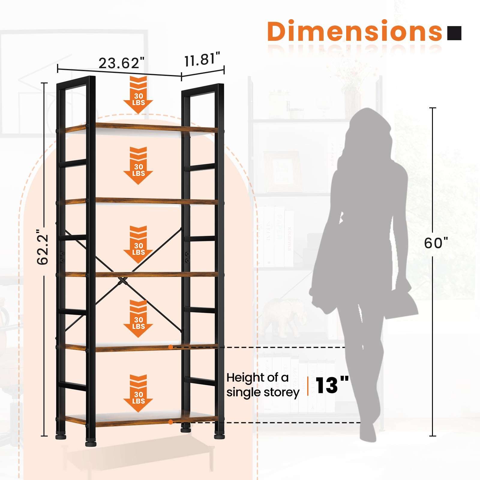 Sweetcrispy Book Shelf, 5 Tier Bookcase, Modern Tall Bookshelf for Garage Kit, CDs, Movies, Industrial Corner Storage Organizer for Bedroom Home Office Kitchen Living Room, Rustic Brown - Image 3