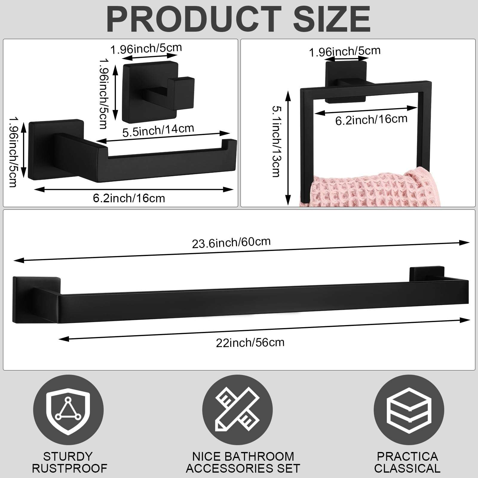 Gisafai 5 Pcs Bathroom Hardware Accessories Set 23.6 Inch Bath Towel Bar Kit Stainless Steel Bathroom Hardware Set Towel Racks Ring Hooks Paper Holder for Wall Mounted (Black) - Image 2